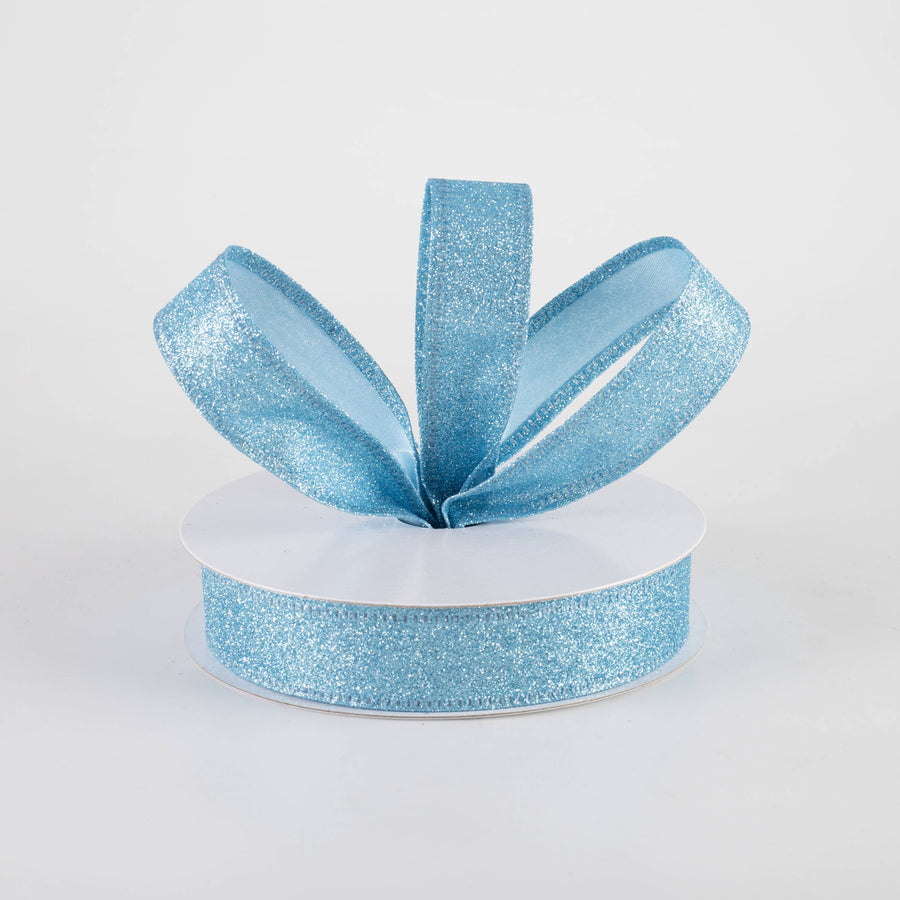 7/8" All Flat Glitter Wired Ribbon: Light Blue (10 Yards)