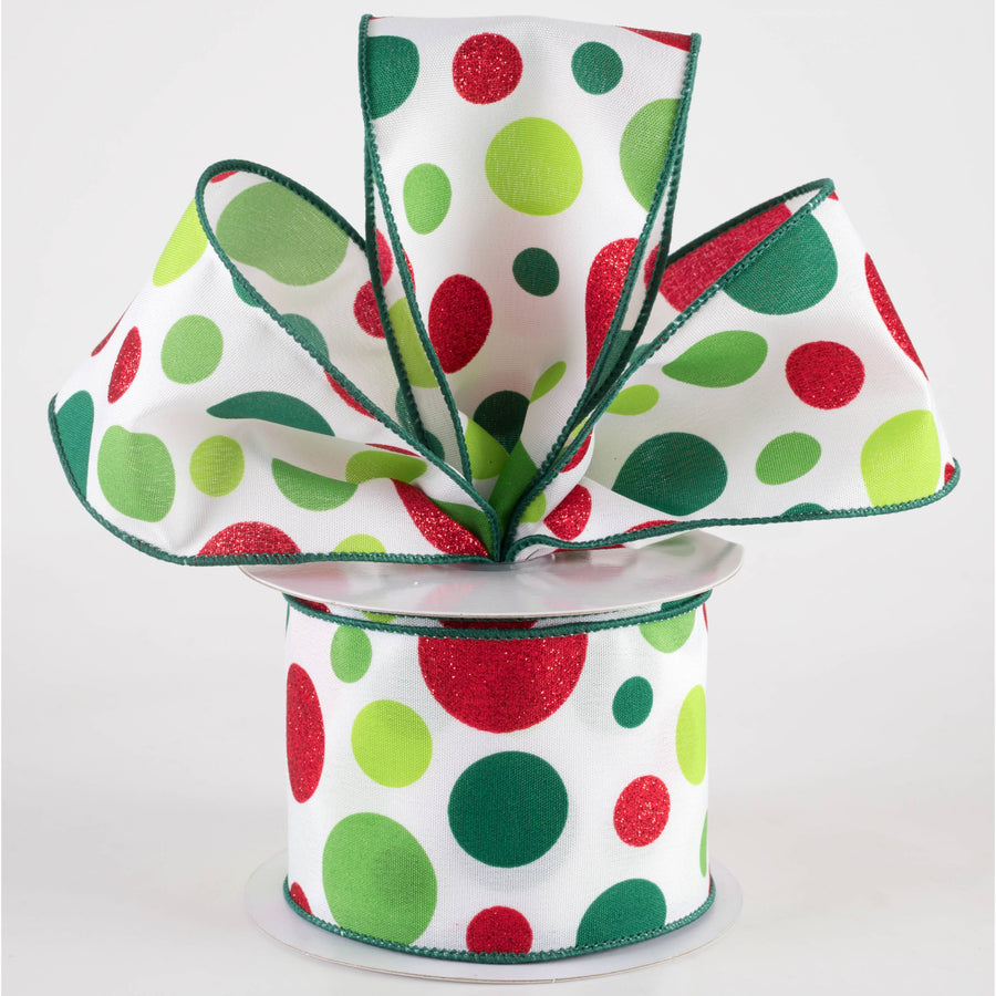 2.5" Varied Polka Dots Ribbon: Red, Lime & Emerald on White (10 Yards)
