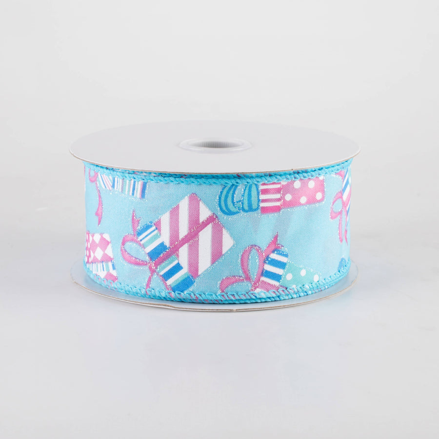 1.5" Glittered Wrapped Gifts Ribbon: Pink on Blue (10 Yards)