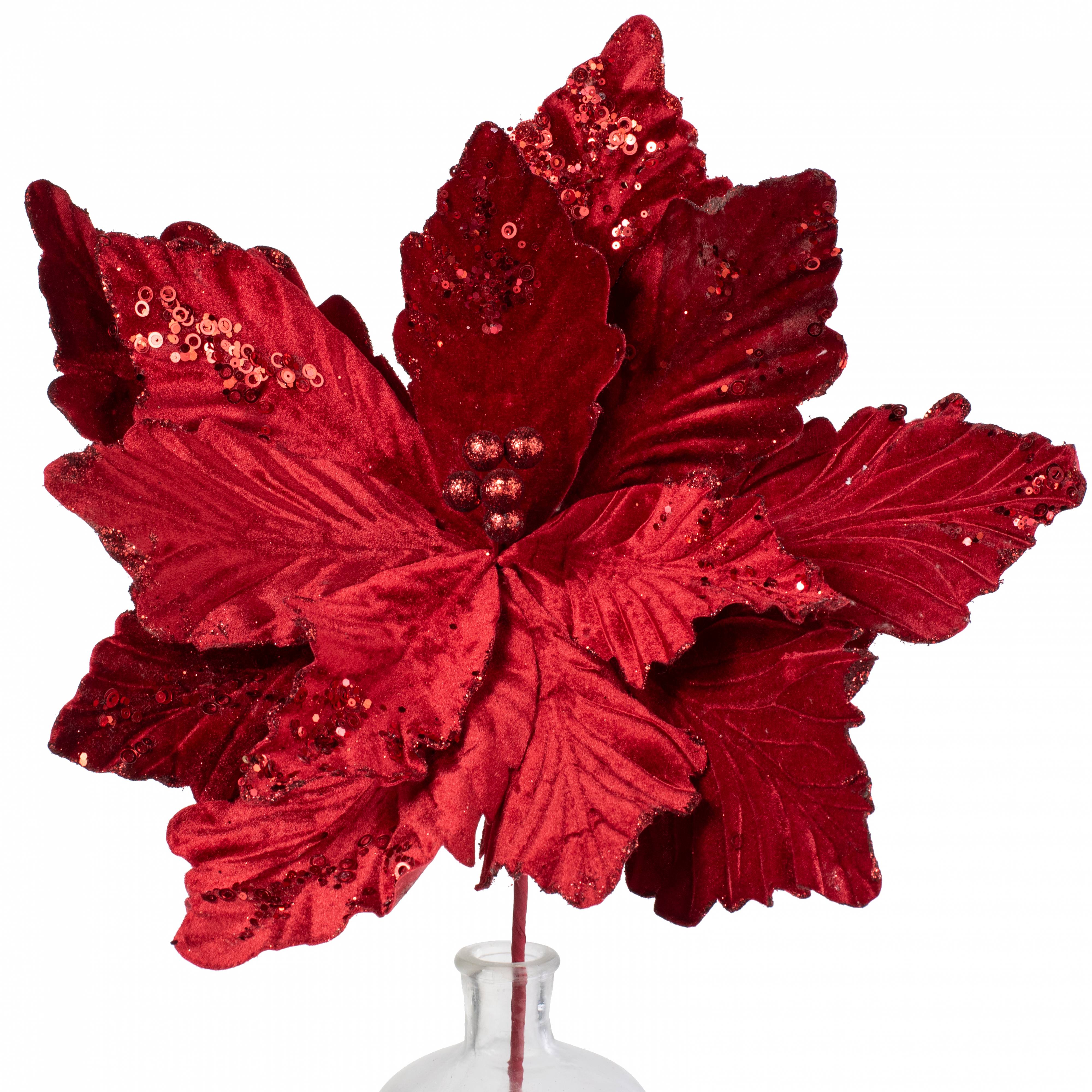 19" x 25" Jumbo Deluxe Velvet Poinsettia Stem: Cranberry Red