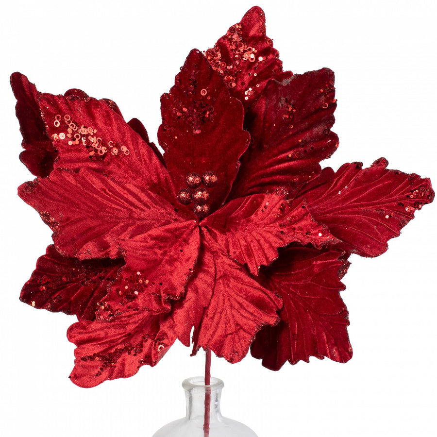 19" x 25" Jumbo Deluxe Velvet Poinsettia Stem: Cranberry Red