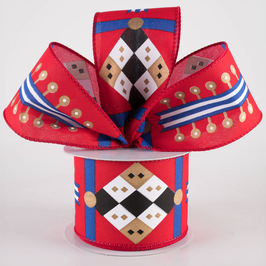 2.5" Nutcracker Stripes & Patterns Ribbon: Red & Blue (10 Yards)