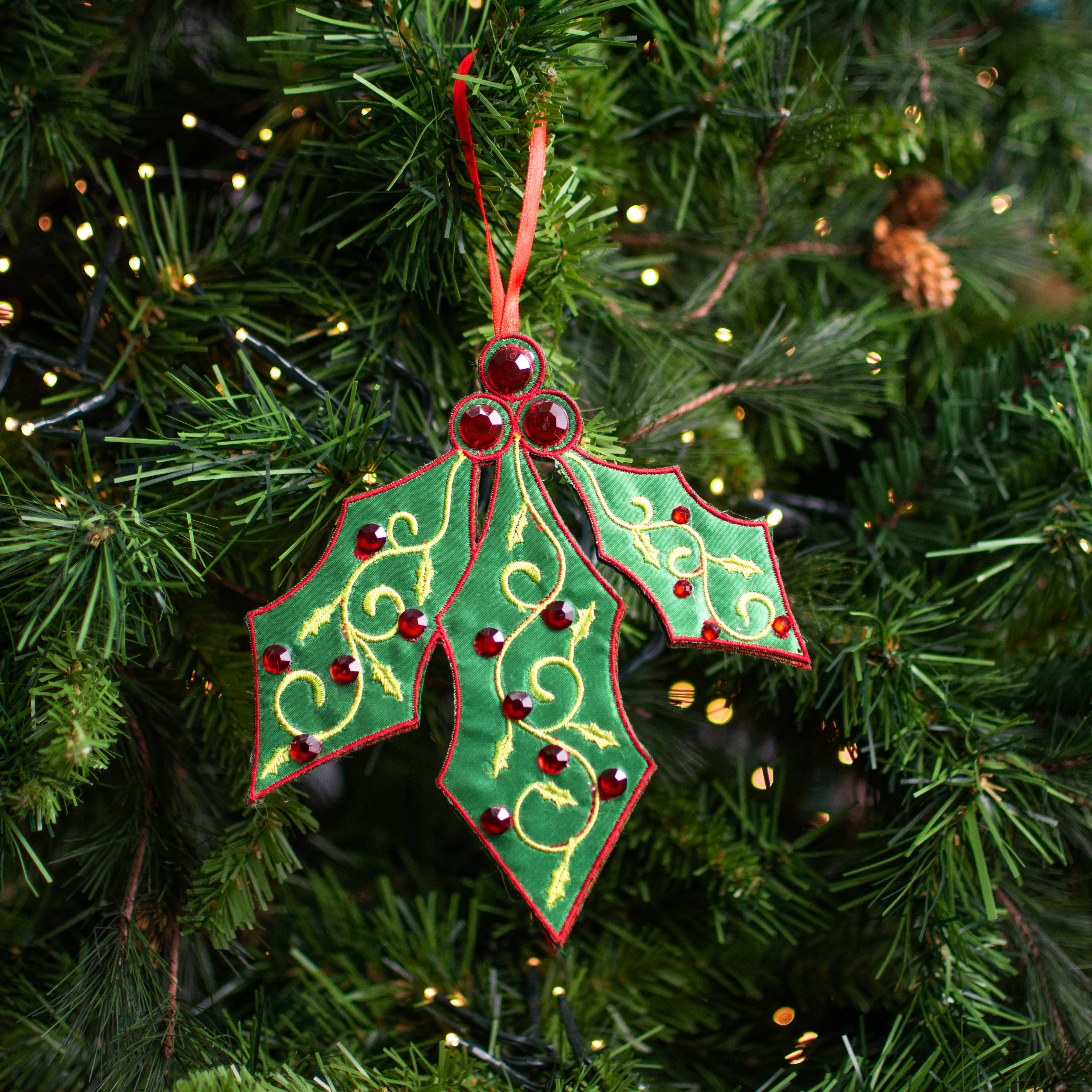 6" Jeweled Embroidered Holly Ornament