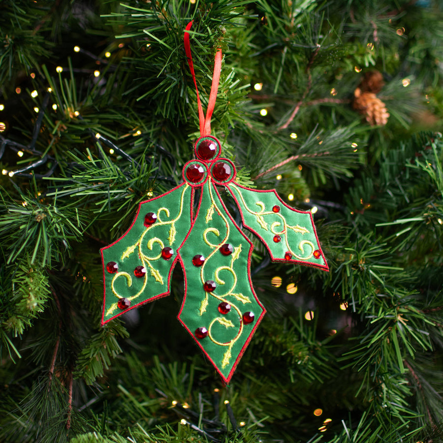 6" Jeweled Embroidered Holly Ornament