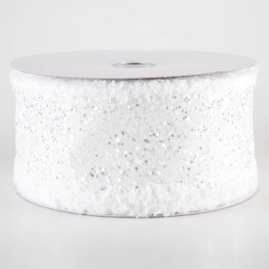 2.5" Large Glitter Snow Edge Ribbon: White (10 Yards)