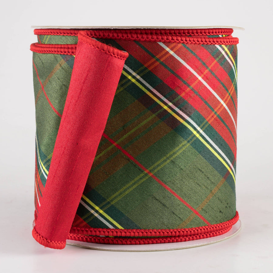 4" Designer Double Sided Plaid Ribbon: Red & Green (10 Yards)