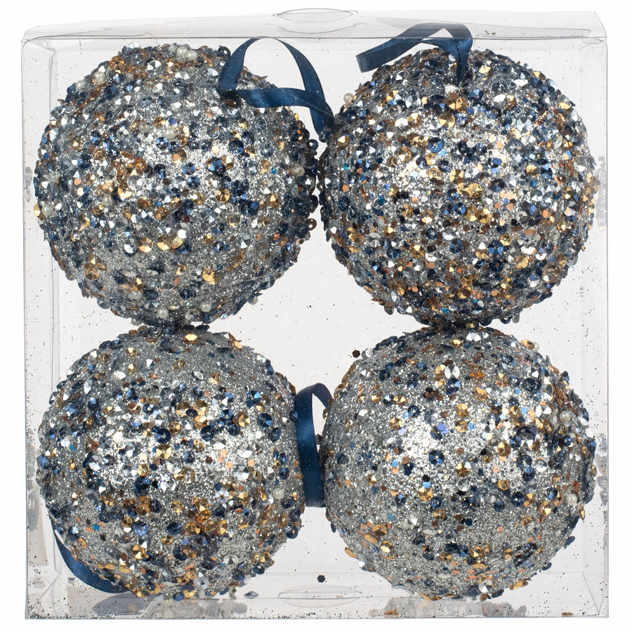 4" Sequin Glitter Ball Ornaments: Blue & Champagne (Box of 4)