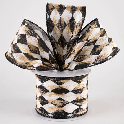 2.5" Canvas Harlequin Gold Painted Ribbon: Cream & Black (10 Yards)