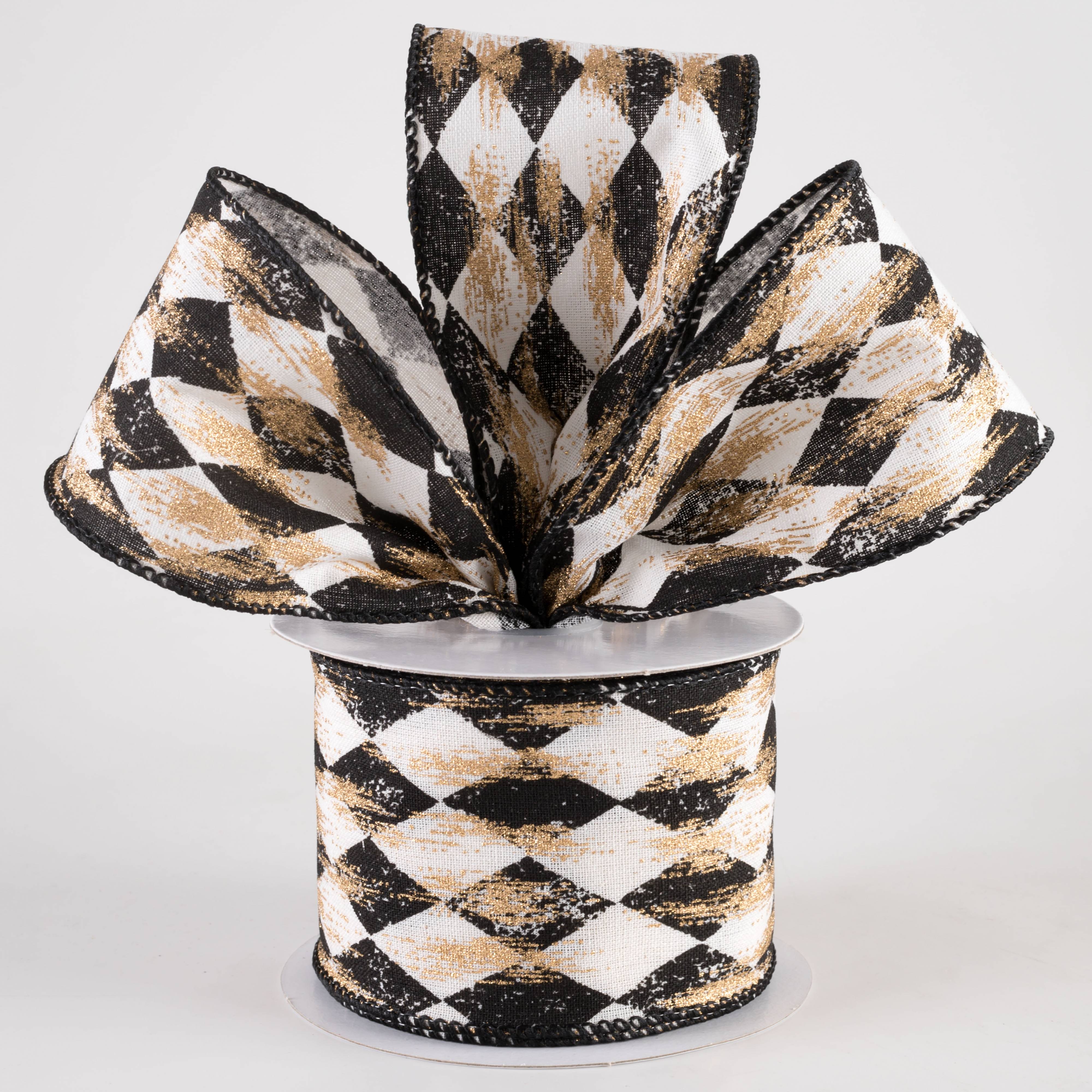 2.5" Canvas Harlequin Gold Painted Ribbon: Cream & Black (10 Yards)