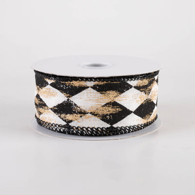 1.5" Canvas Harlequin Gold Painted Ribbon: Cream & Black (10 Yards)