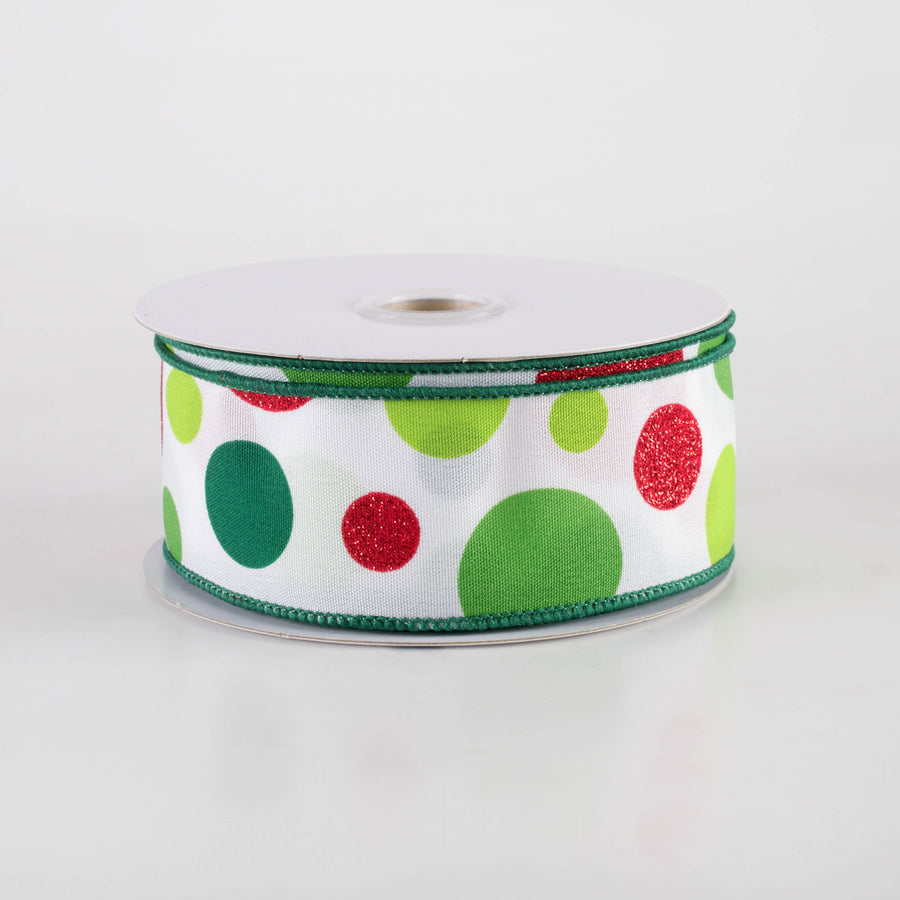 1.5" Varied Polka Dots Ribbon: Red, Lime & Emerald on White (10 Yards)