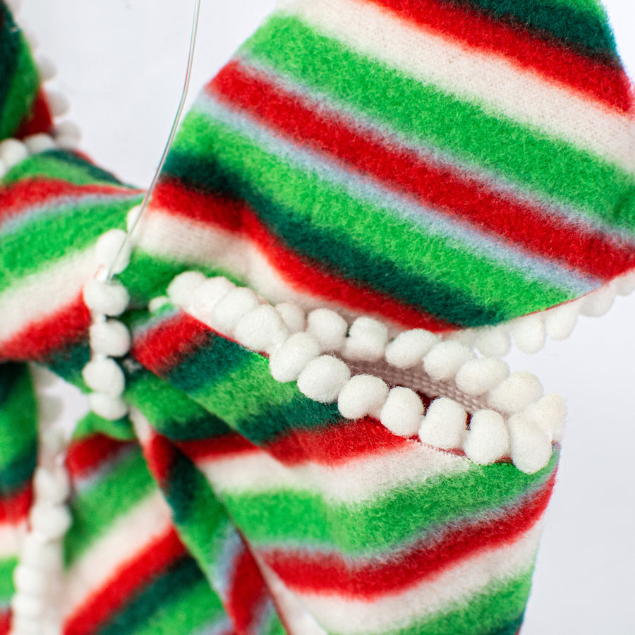 13.8" Ball Fringe Stripe Bow Ornament: Red, Green, White detail photo 3