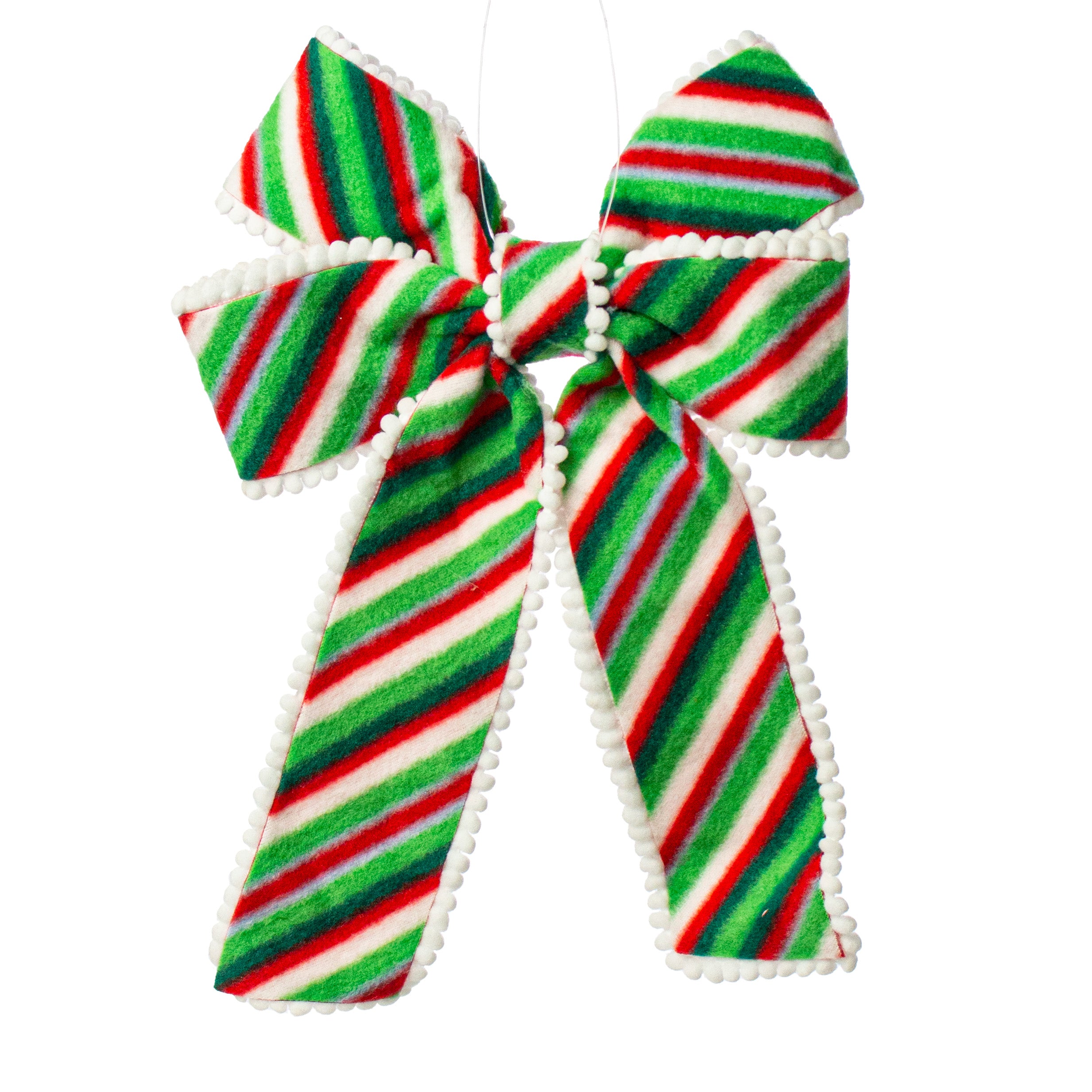 13.8" Ball Fringe Stripe Bow Ornament: Red, Green, White Item Number: 187258