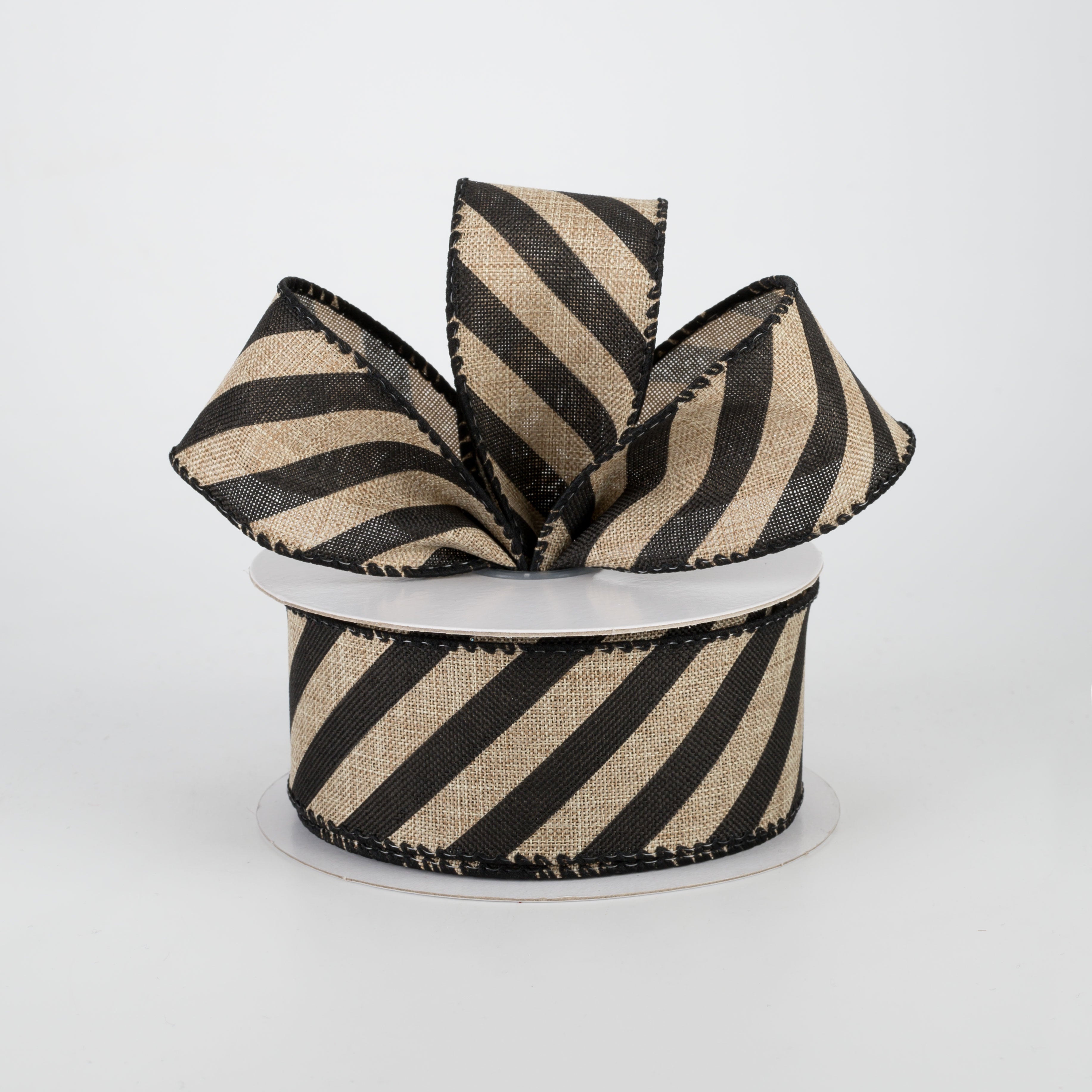 1.5" Barber Pole Diagonal Stripe Ribbon: Black & Beige (10 Yards) Lifestyle Photo