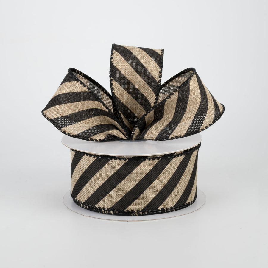 1.5" Barber Pole Diagonal Stripe Ribbon: Black & Beige (10 Yards) Lifestyle Photo