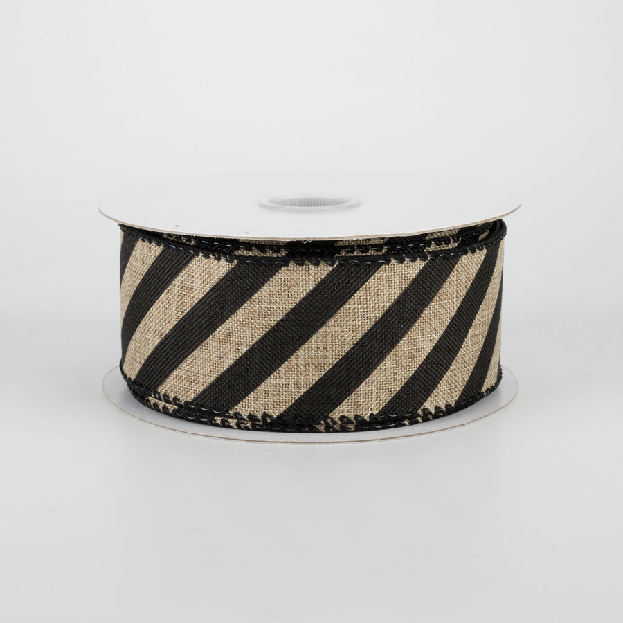 1.5" Barber Pole Diagonal Stripe Ribbon: Black & Beige (10 Yards)