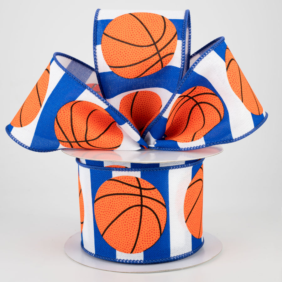 2.5" Basketball On Stripe Ribbon: Blue & White (10 Yards) Lifestyle Photo