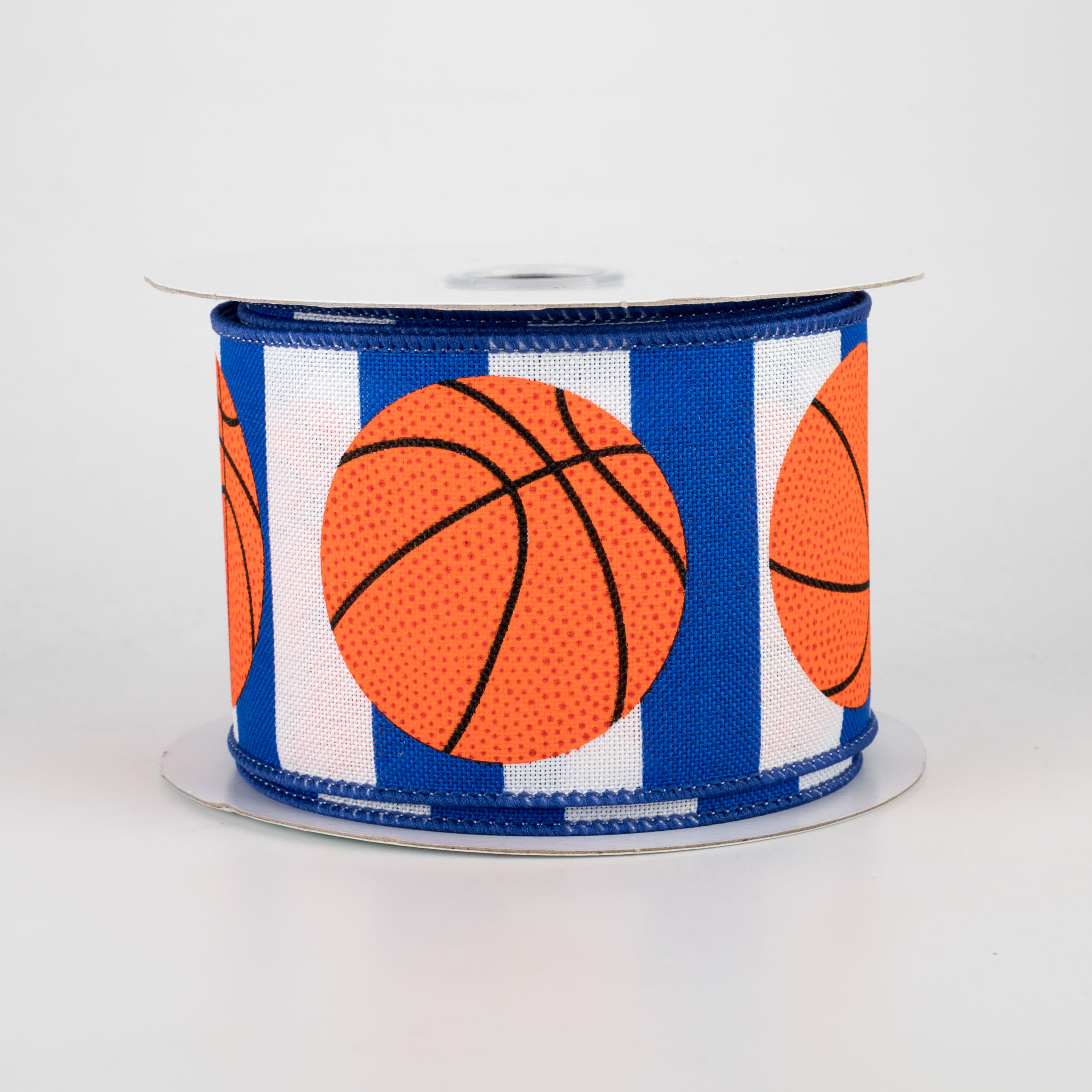 2.5" Basketball On Stripe Ribbon: Blue & White (10 Yards)