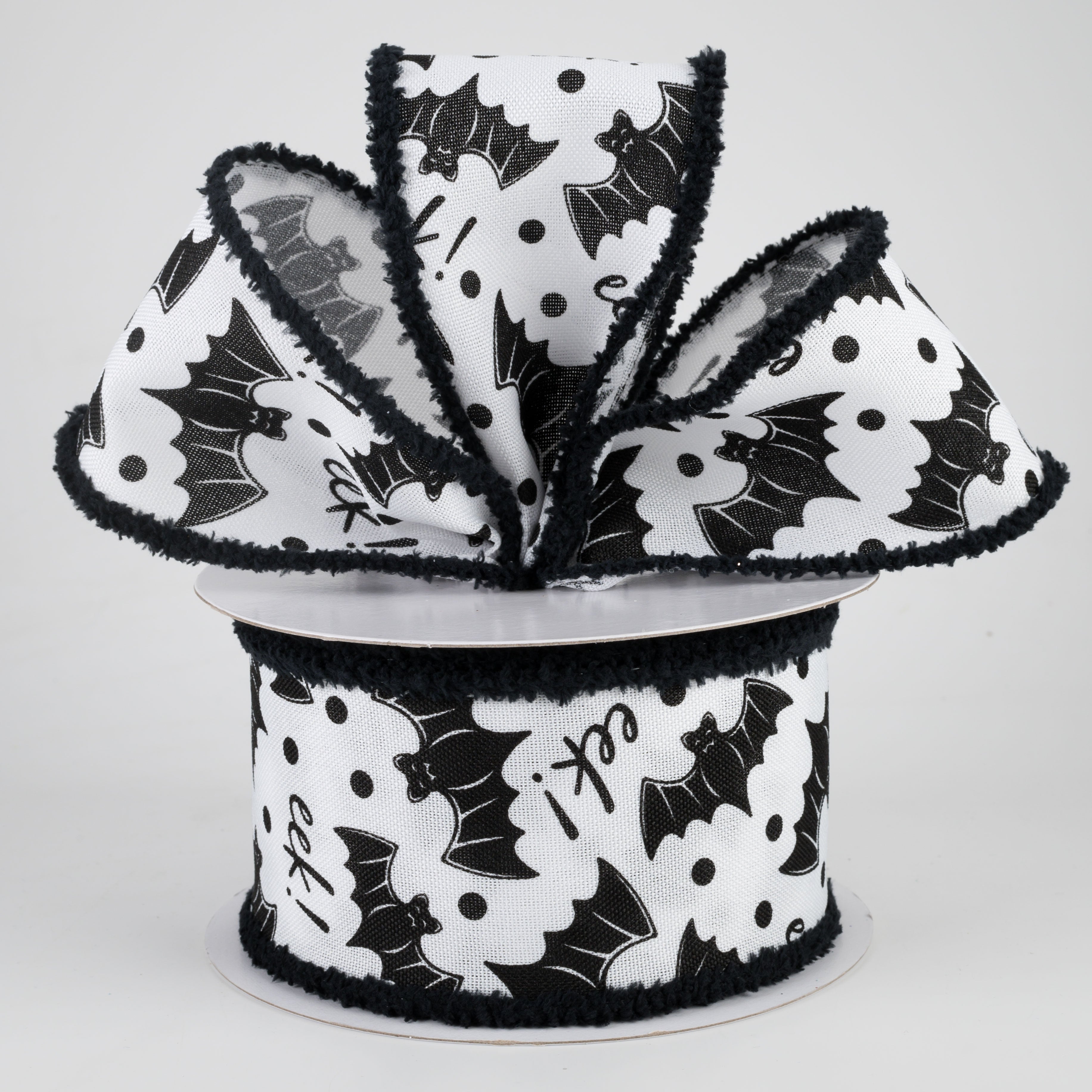 2.5" Bats Eek Fuzzy Edge Ribbon: White & Black (10 Yards) Lifestyle Photo
