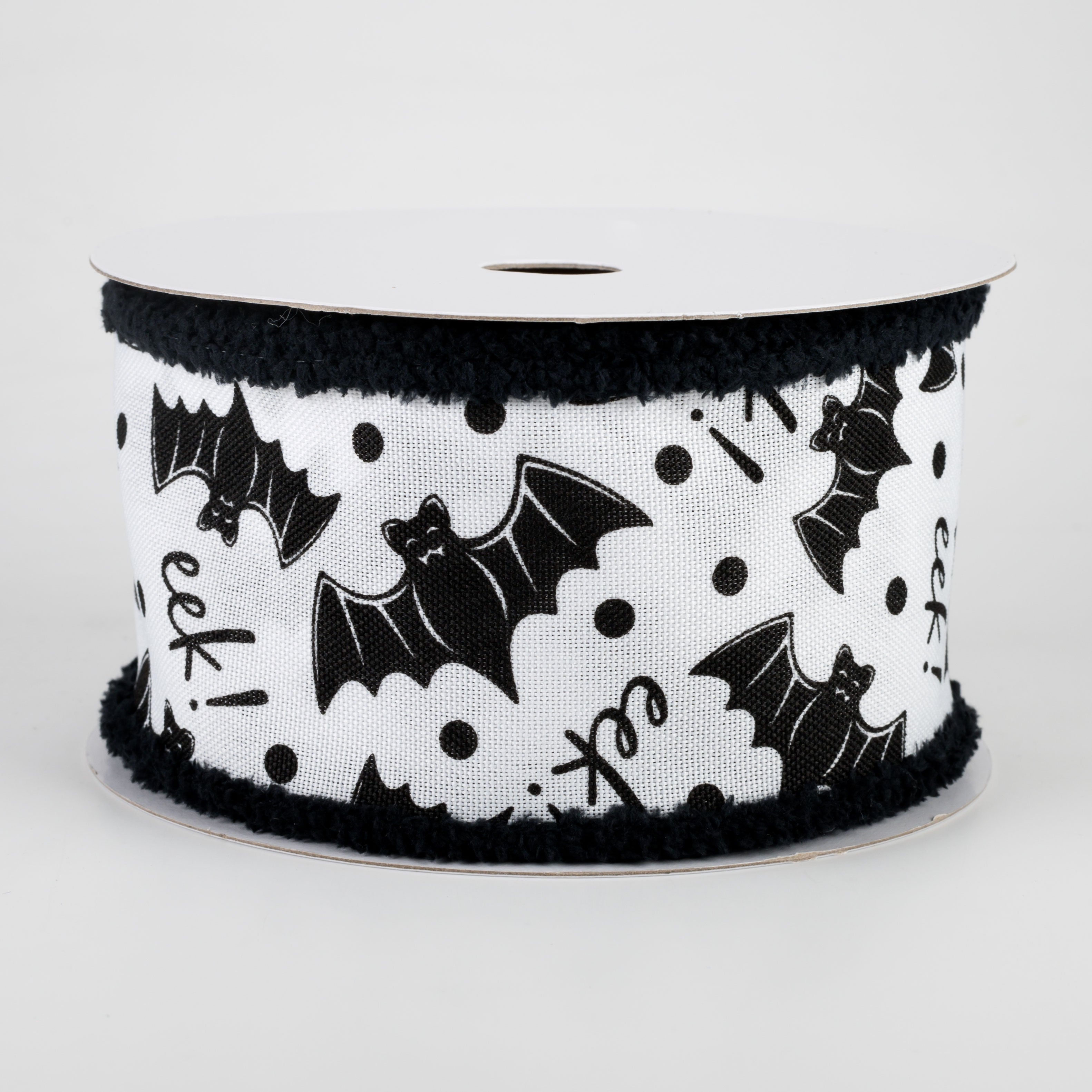 2.5" Bats Eek Fuzzy Edge Ribbon: White & Black (10 Yards)