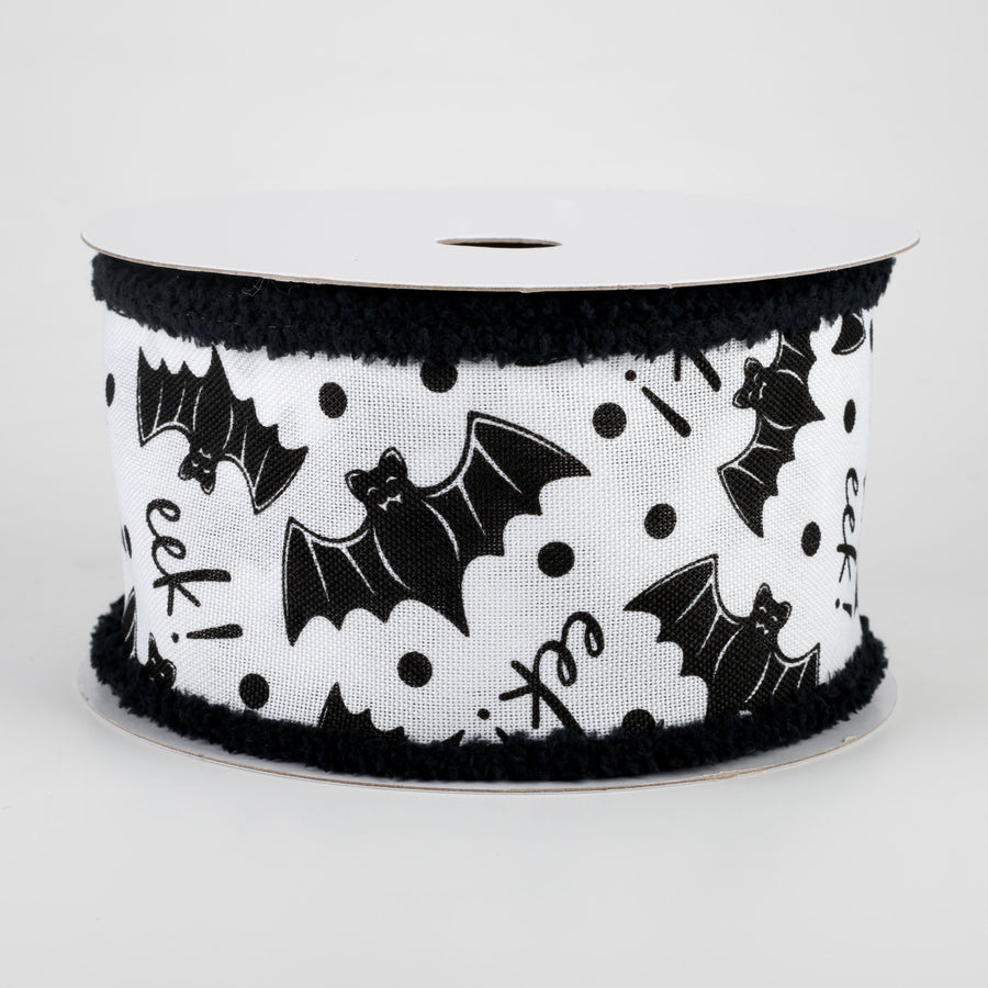 2.5" Bats Eek Fuzzy Edge Ribbon: White & Black (10 Yards)