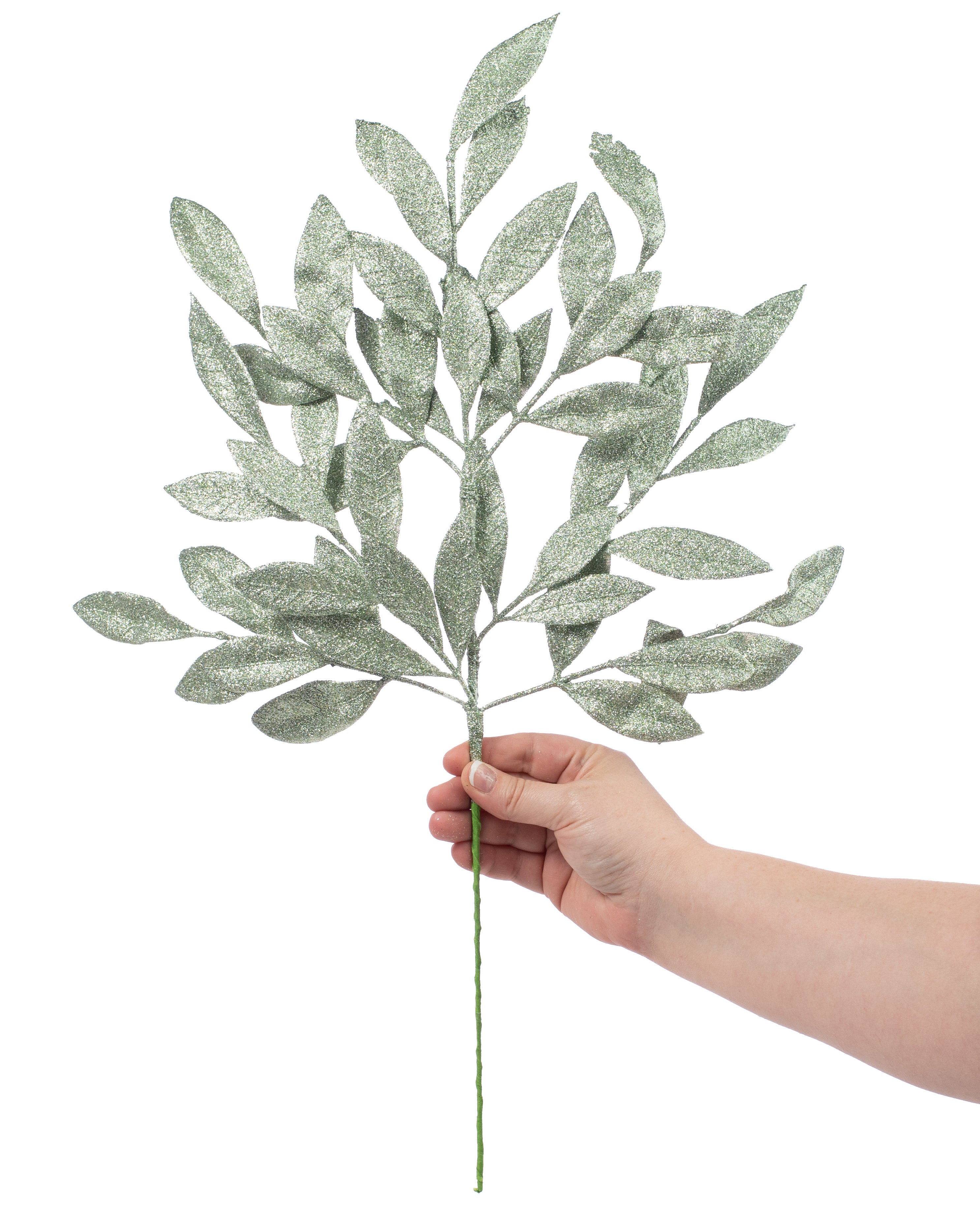 23" Bay Leaf Glitter Spray: Sage Lifestyle Photo