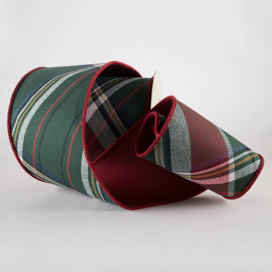 4" Designer Double Sided Plaid Ribbon: Red & Green (5 Yards)