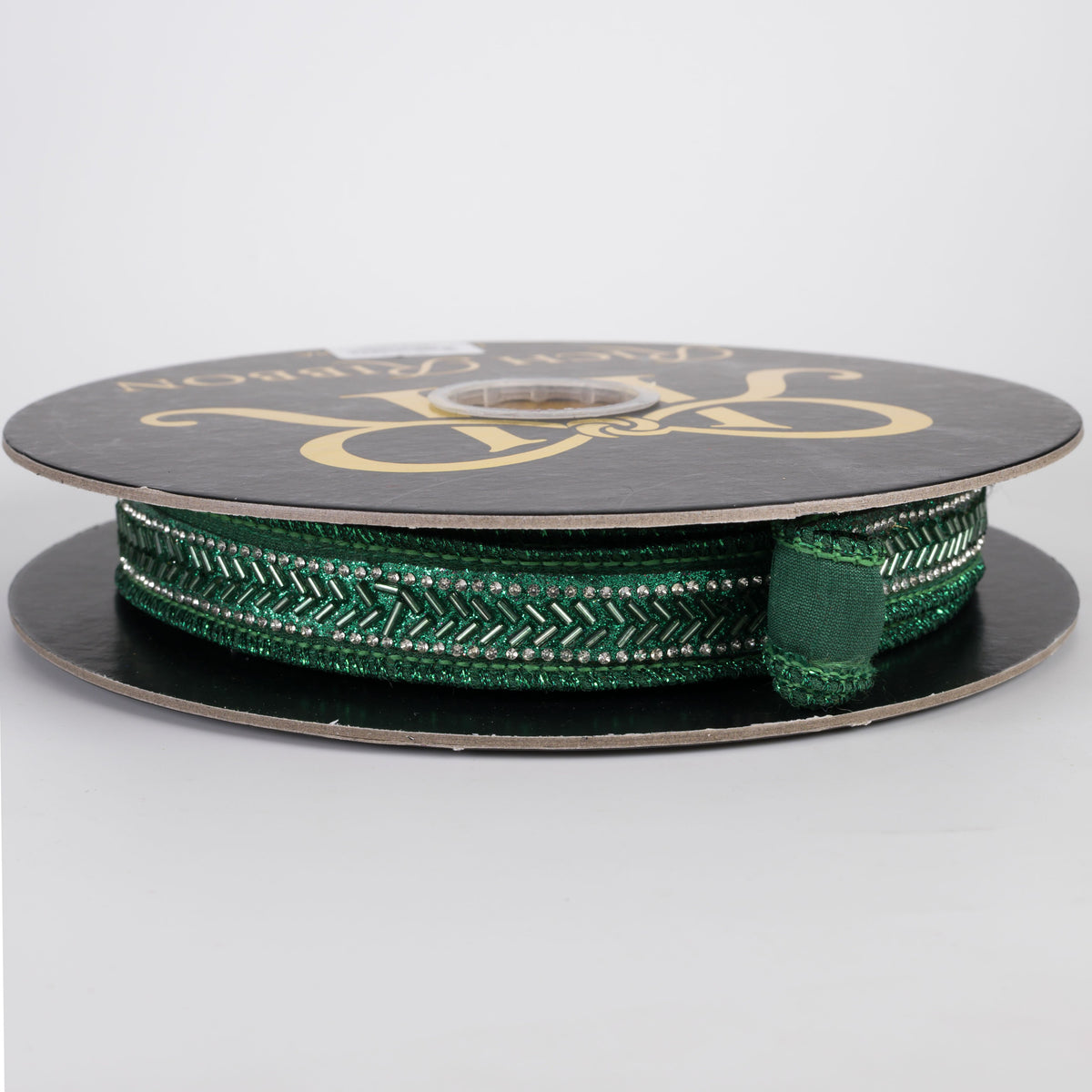 1" Beaded Center Trim Dupioni Ribbon: Green & Silver (10 Yards) Item Number: RR0099