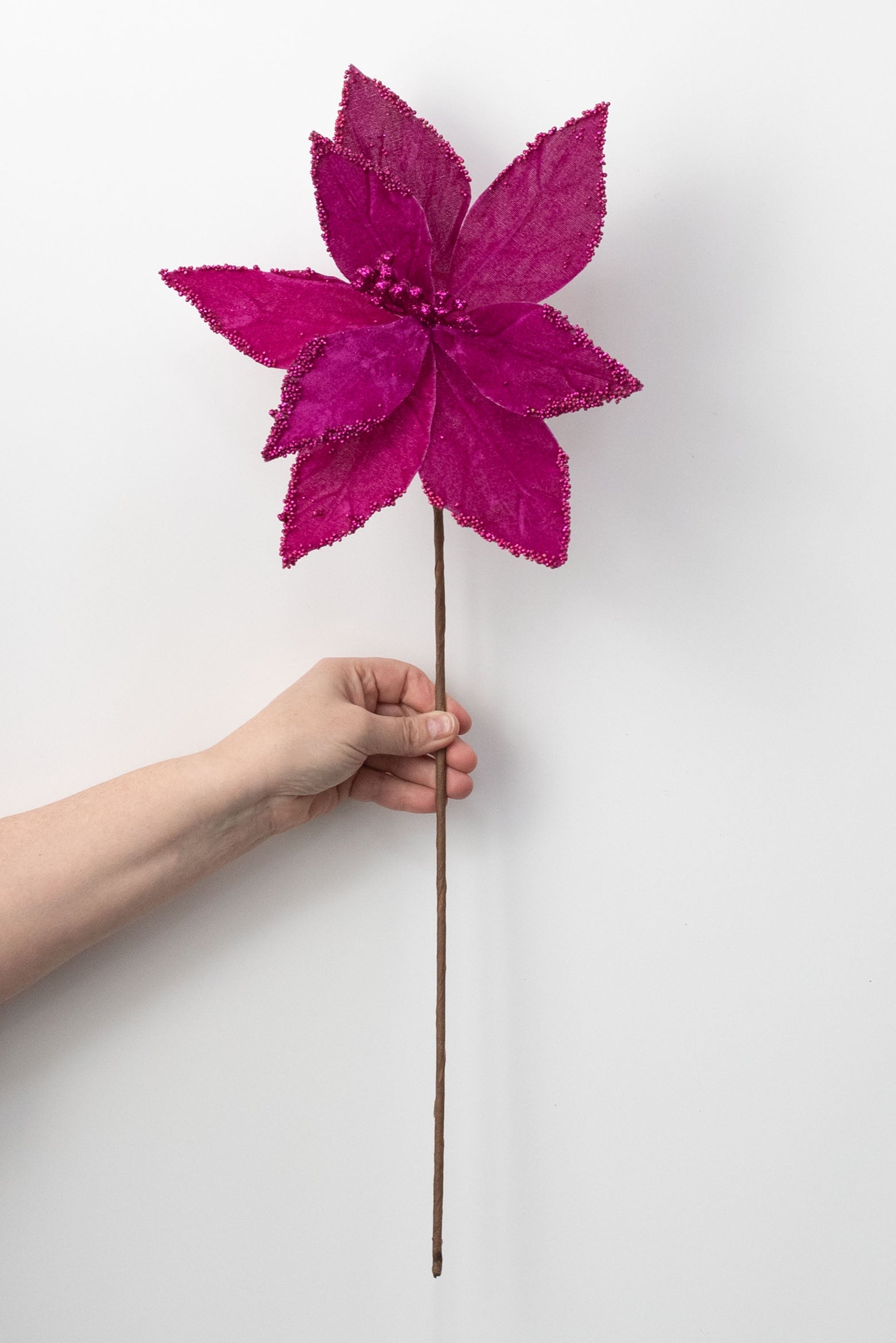 11" x 25" Beaded Velvet Poinsettia Pick: Fuchsia Pink detail photo 3