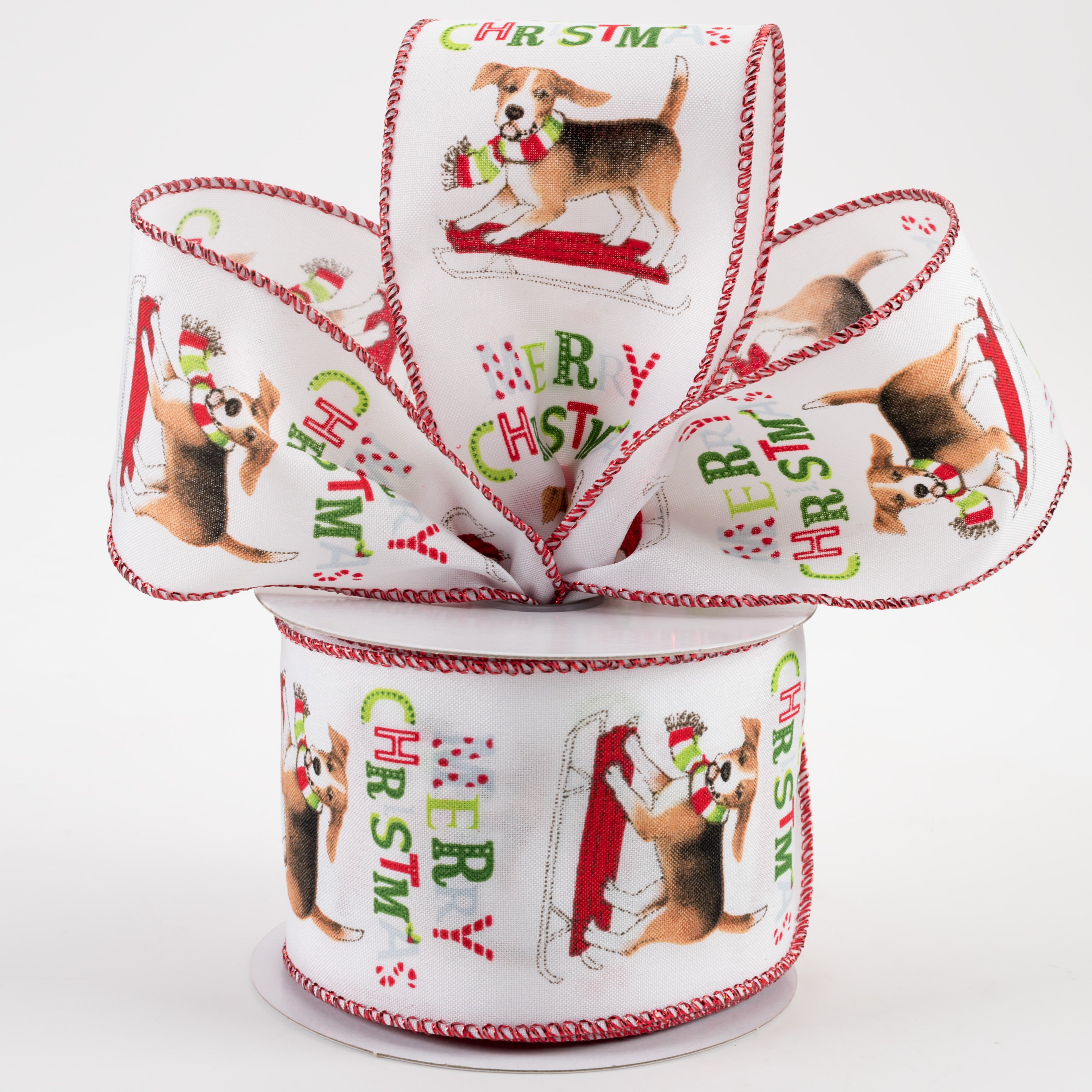 2.5" Beagle Christmas Sled Satin Ribbon: White (10 Yards) Lifestyle Photo