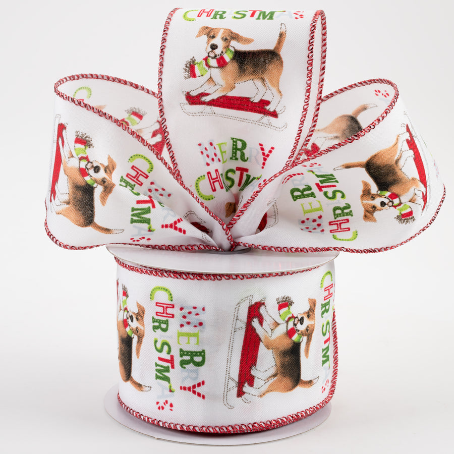 2.5" Beagle Christmas Sled Satin Ribbon: White (10 Yards) Lifestyle Photo