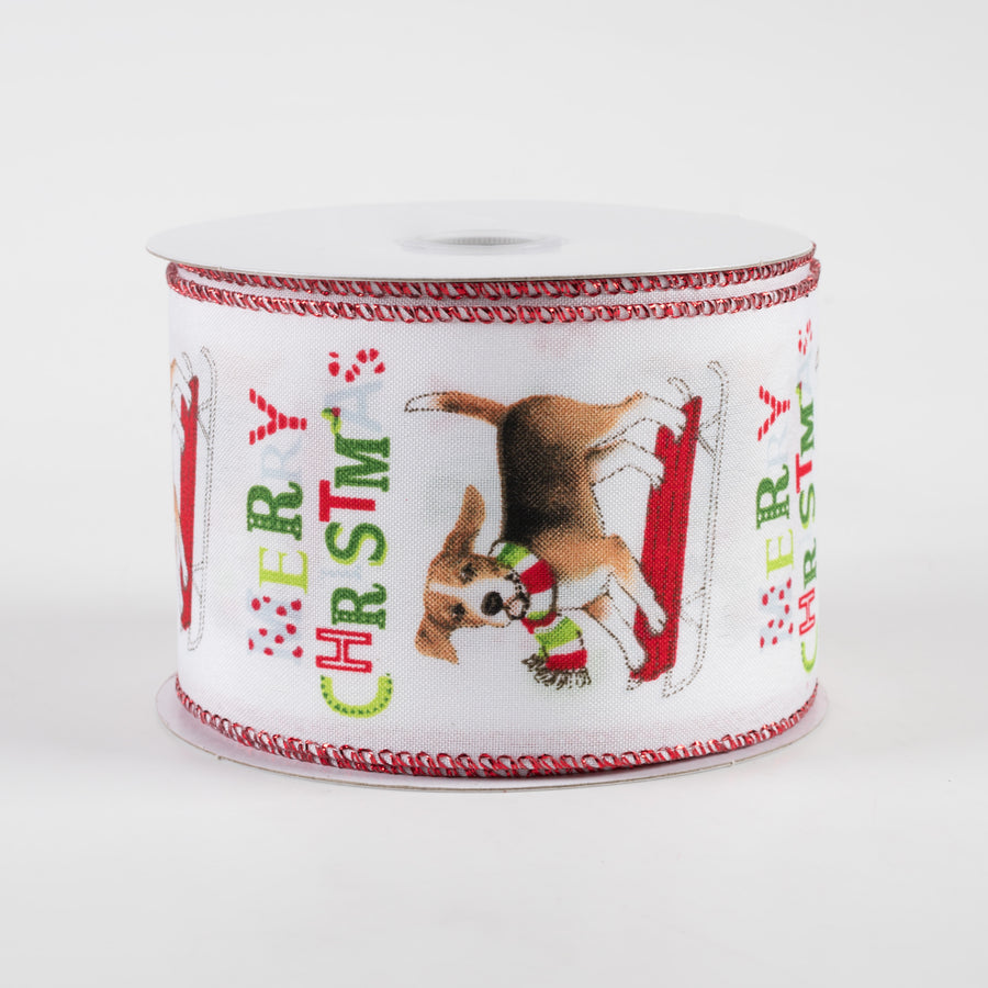 2.5" Beagle Christmas Sled Satin Ribbon: White (10 Yards)