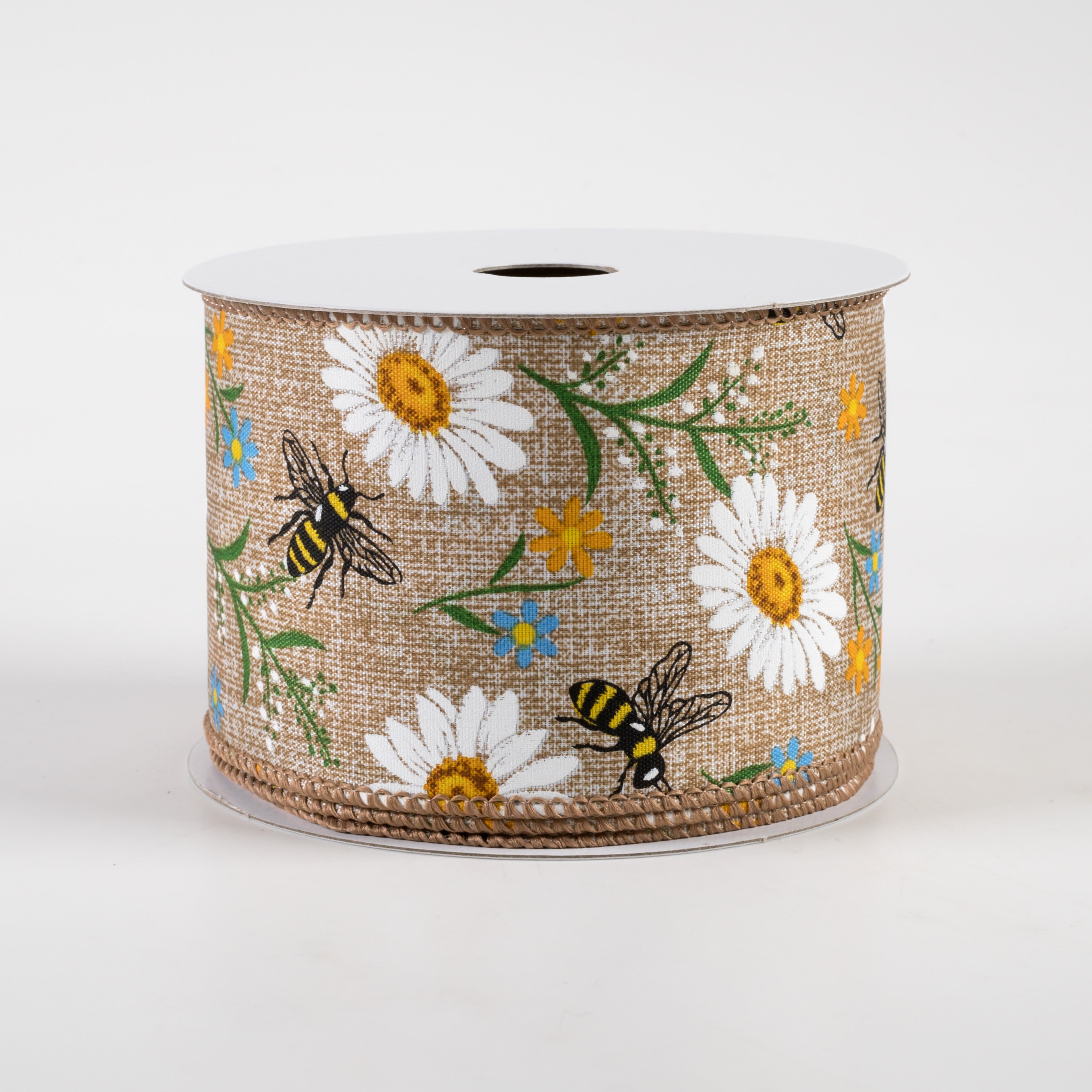 2.5" Bees & Flowers Print Linen Ribbon: Natural & Blue (10 Yards) Item Number: 41336-40-39