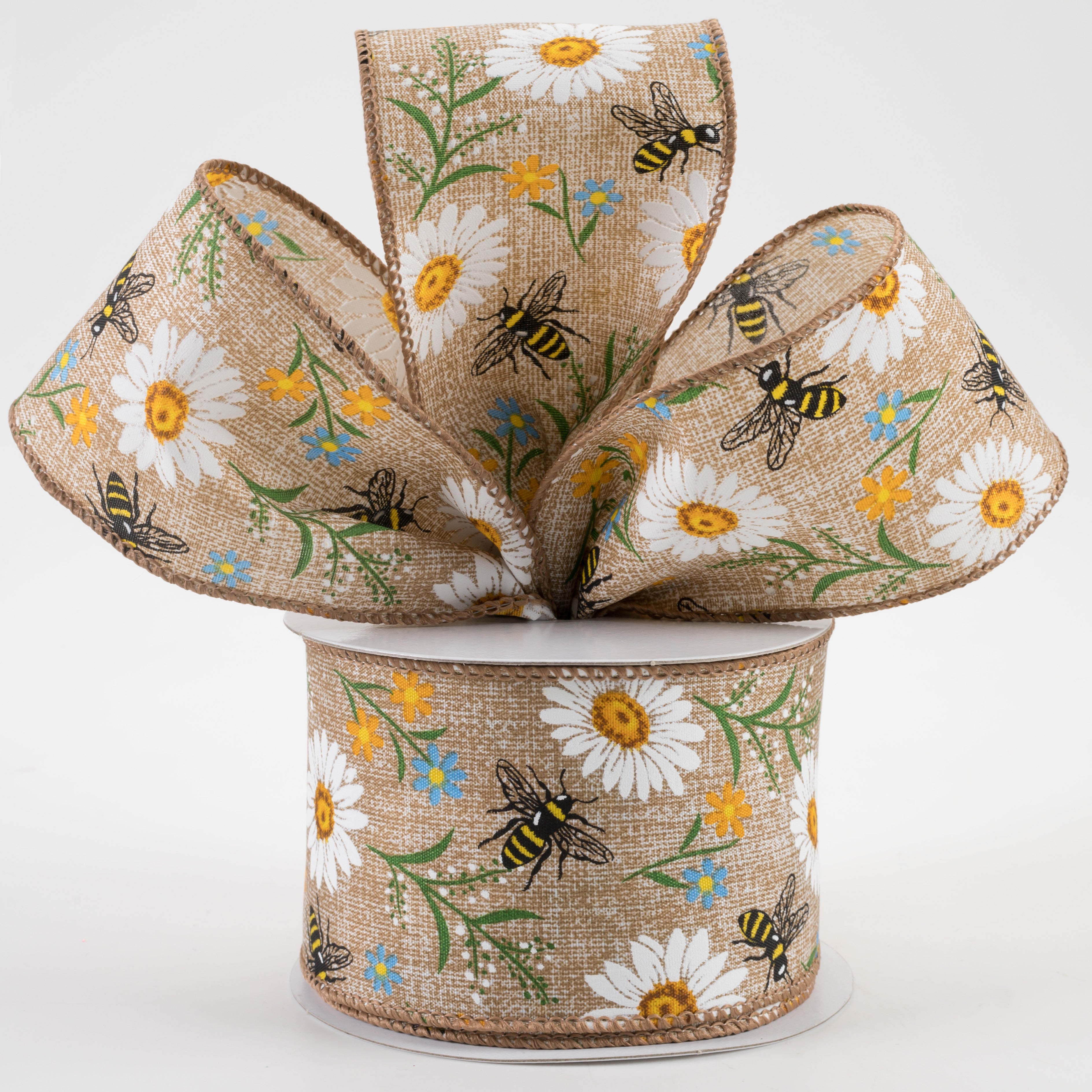 2.5" Bees & Flowers Print Linen Ribbon: Natural & Blue (10 Yards) Lifestyle Photo