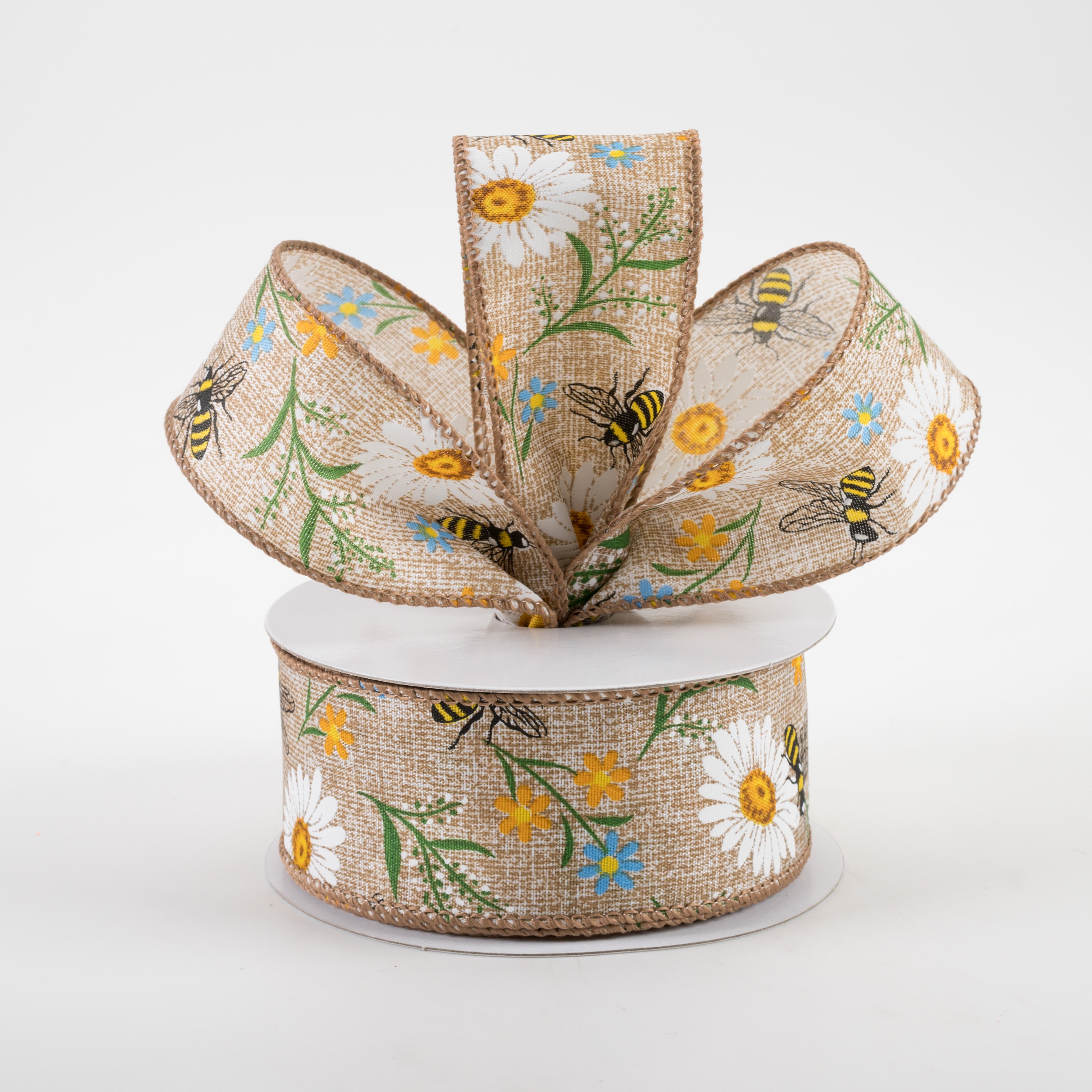 1.5" Bees & Flowers Print Linen Ribbon: Natural & Blue (10 Yards) Lifestyle Photo