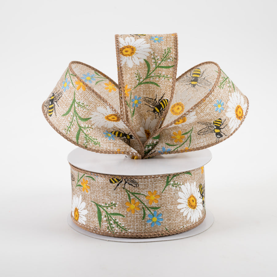 1.5" Bees & Flowers Print Linen Ribbon: Natural & Blue (10 Yards) Lifestyle Photo