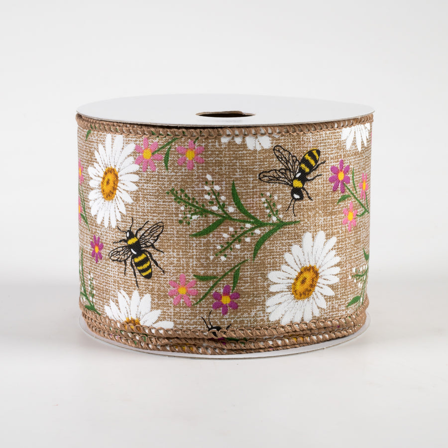2.5" Bees & Flowers Print Linen Ribbon: Natural & Pink (10 Yards) Item Number: 41336-40-03