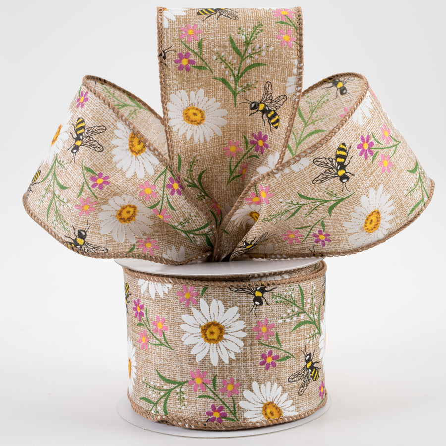 2.5" Bees & Flowers Print Linen Ribbon: Natural & Pink (10 Yards) Lifestyle Photo