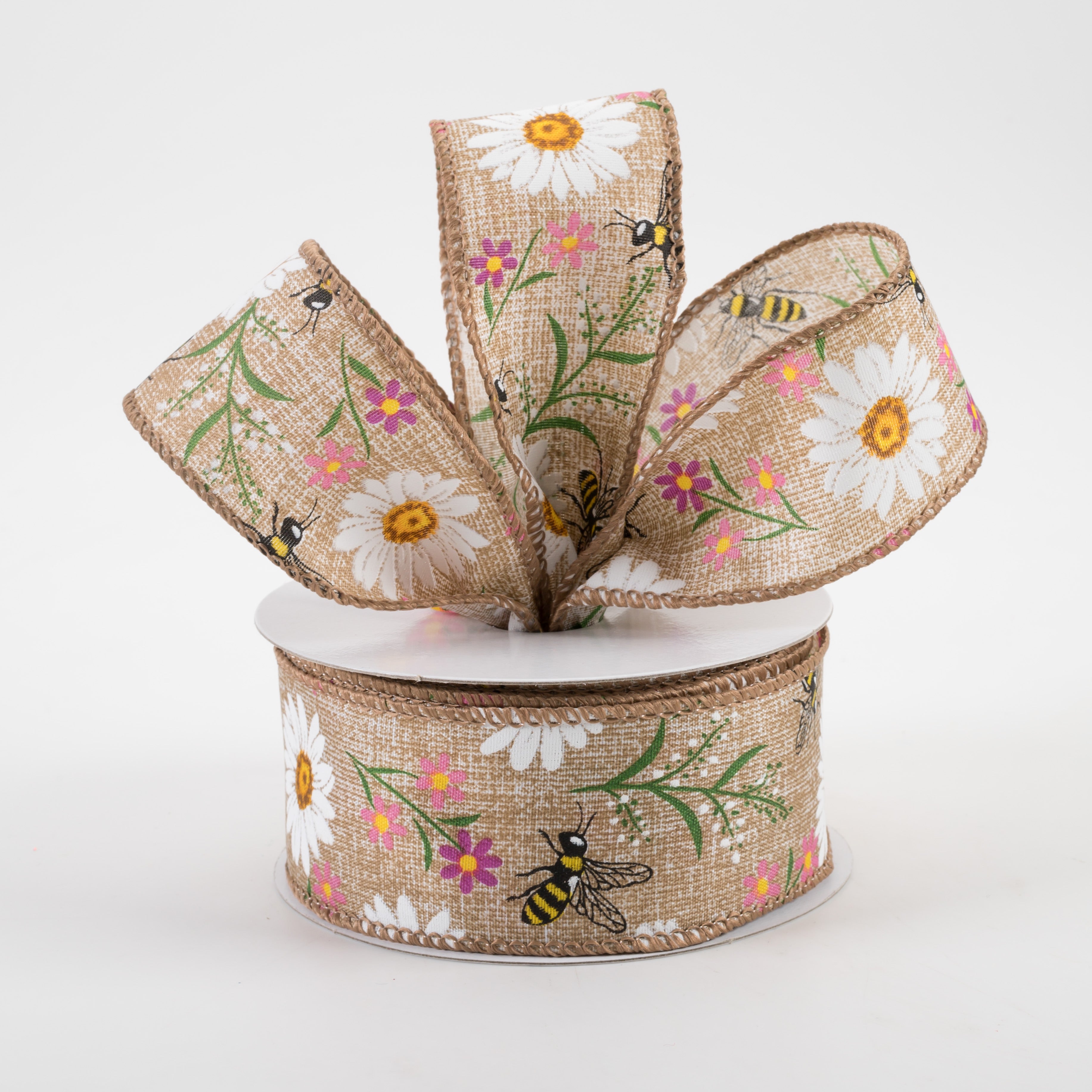 1.5" Bees & Flowers Print Linen Ribbon: Natural & Pink (10 Yards) Lifestyle Photo