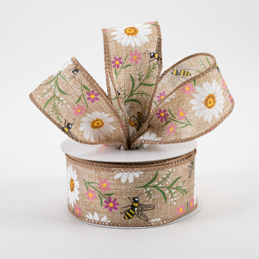 1.5" Bees & Flowers Print Linen Ribbon: Natural & Pink (10 Yards) Lifestyle Photo