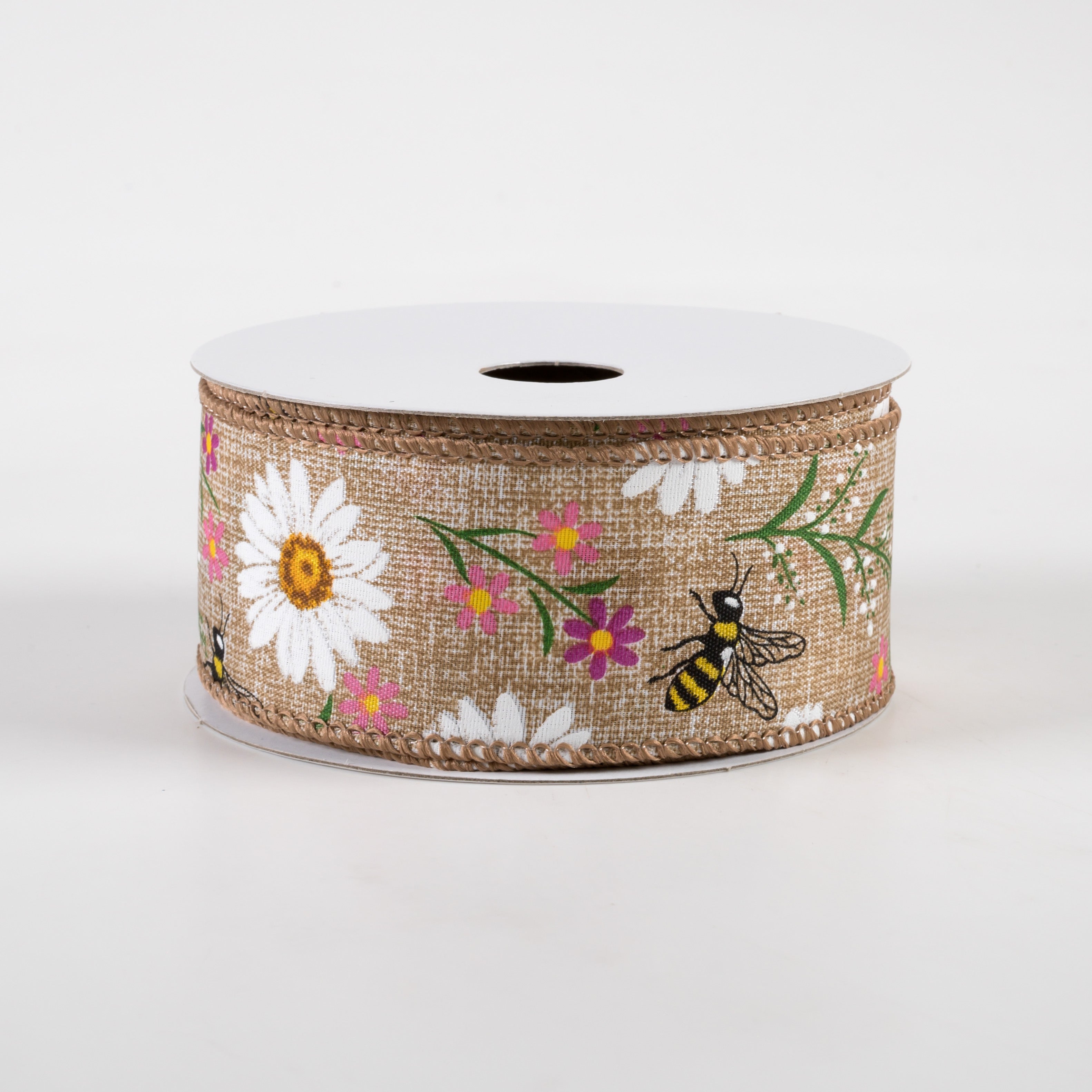 1.5" Bees & Flowers Print Linen Ribbon: Natural & Pink (10 Yards) Item Number: 41336-09-03