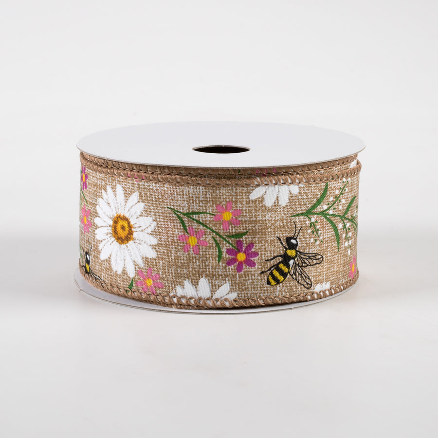 1.5" Bees & Flowers Print Linen Ribbon: Natural & Pink (10 Yards) Item Number: 41336-09-03