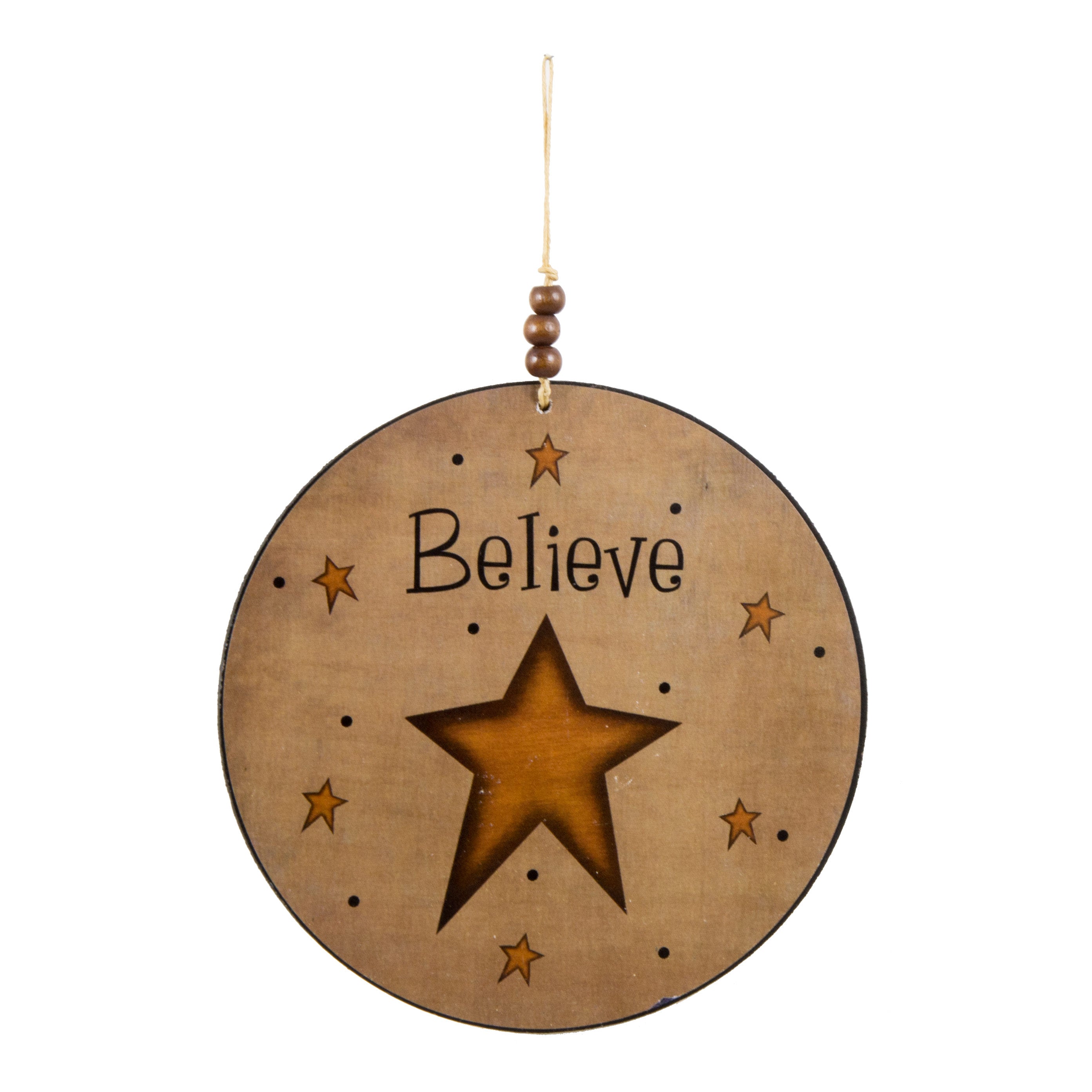 6" Believe Wood Disc Ornament Item Number: M8808