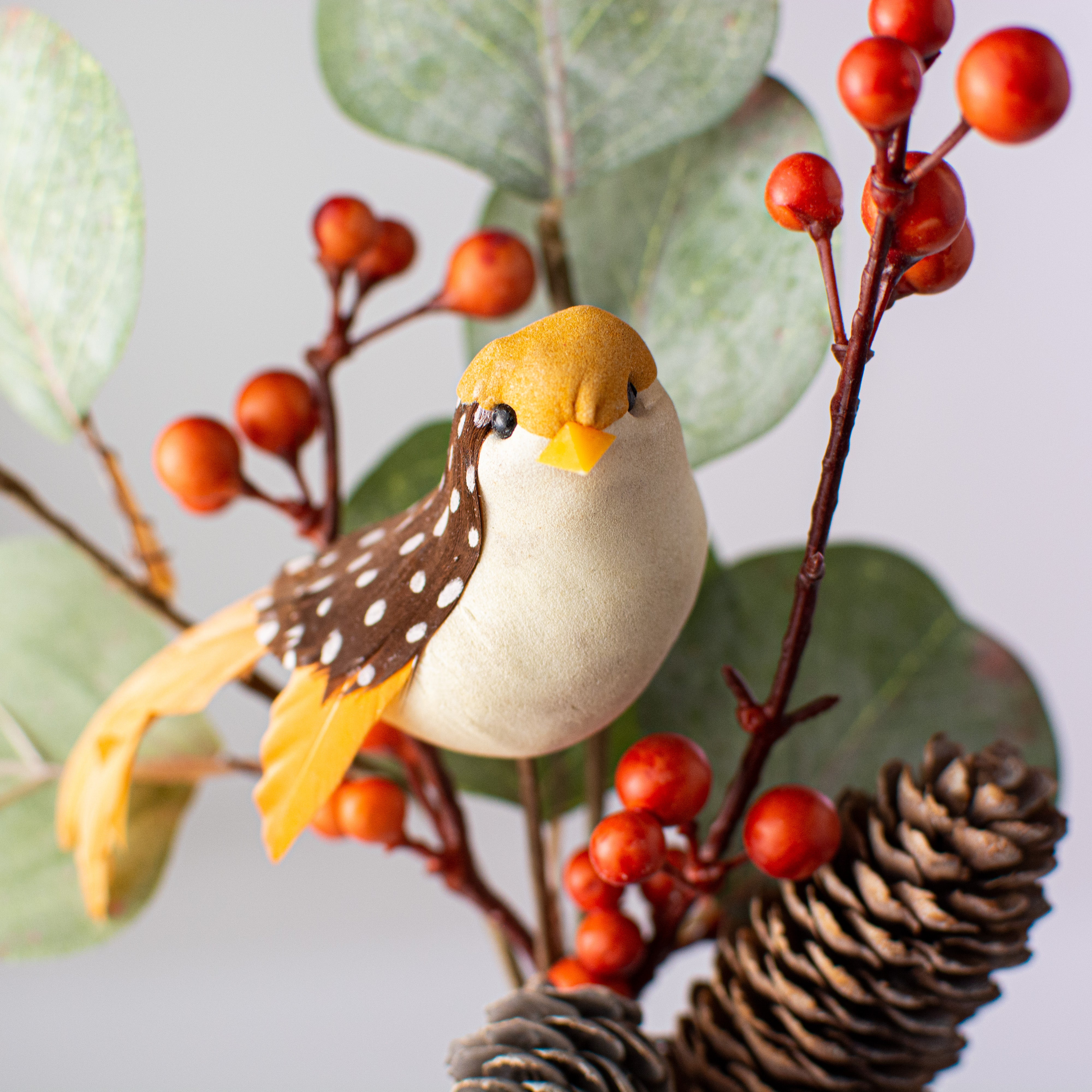 10" Berry, Eucalyptus, Pinecone Bird Pick: White Lifestyle Photo