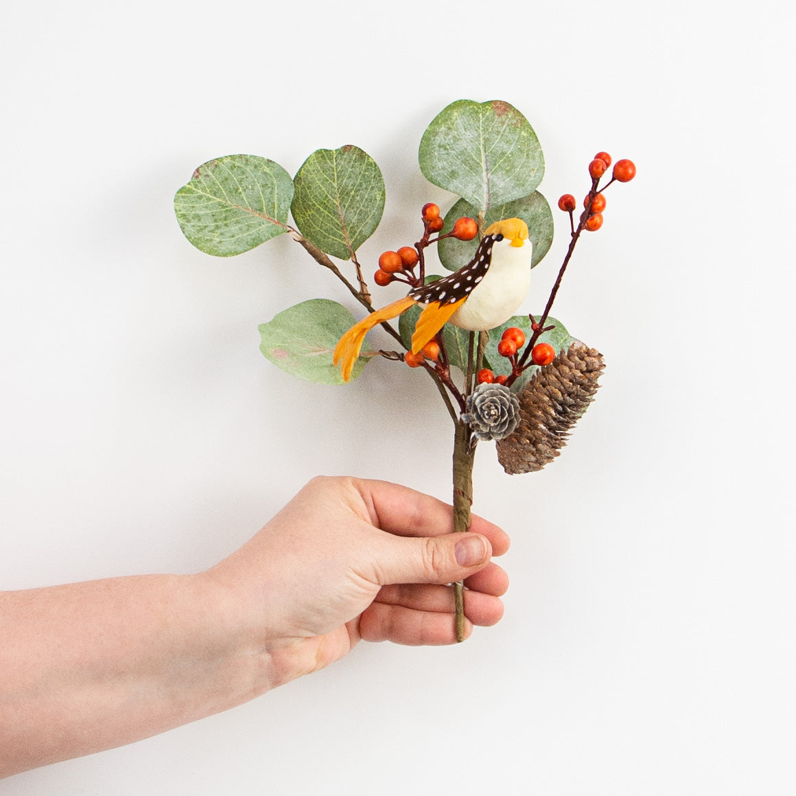 10" Berry, Eucalyptus, Pinecone Bird Pick: White detail photo 3