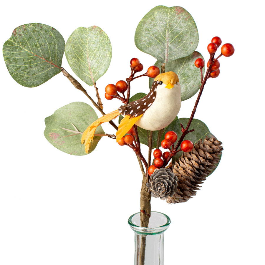 10" Berry, Eucalyptus, Pinecone Bird Pick: White Item Number: HA1725