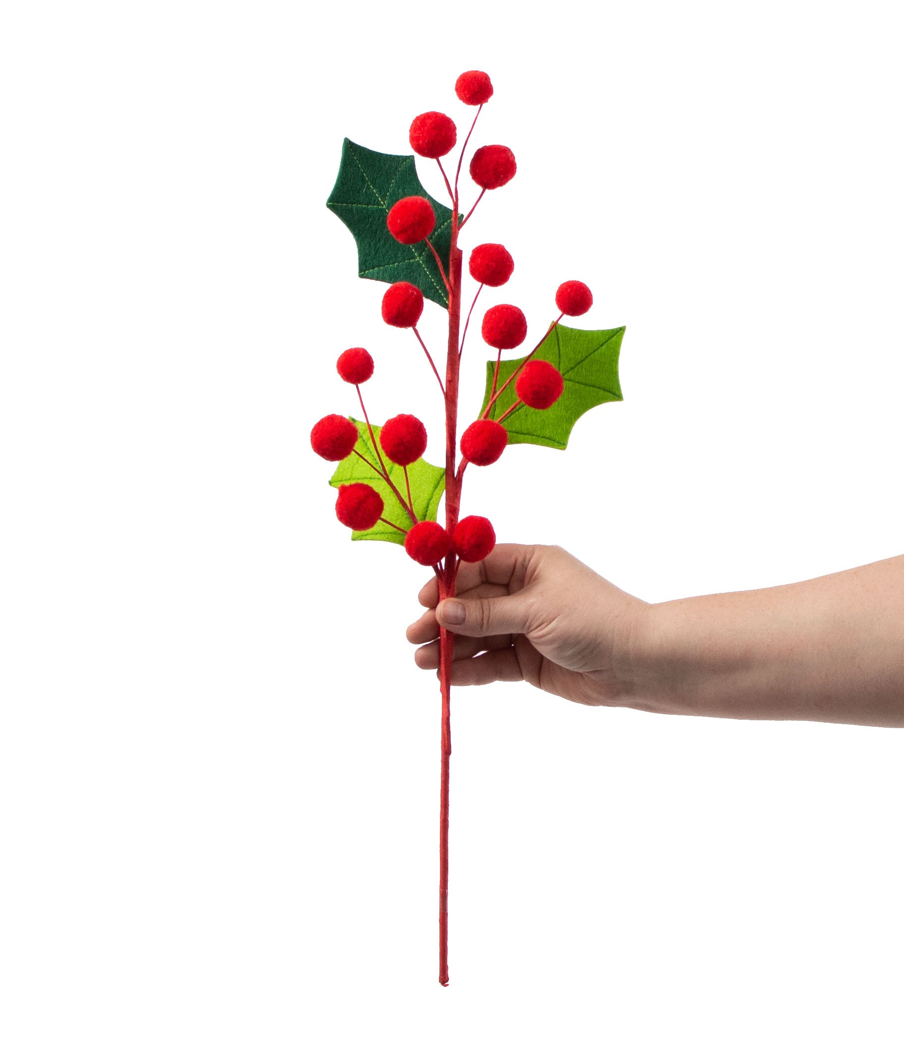 20" Berry Pom Pom & Felt Leaf Holly Spray detail photo 3