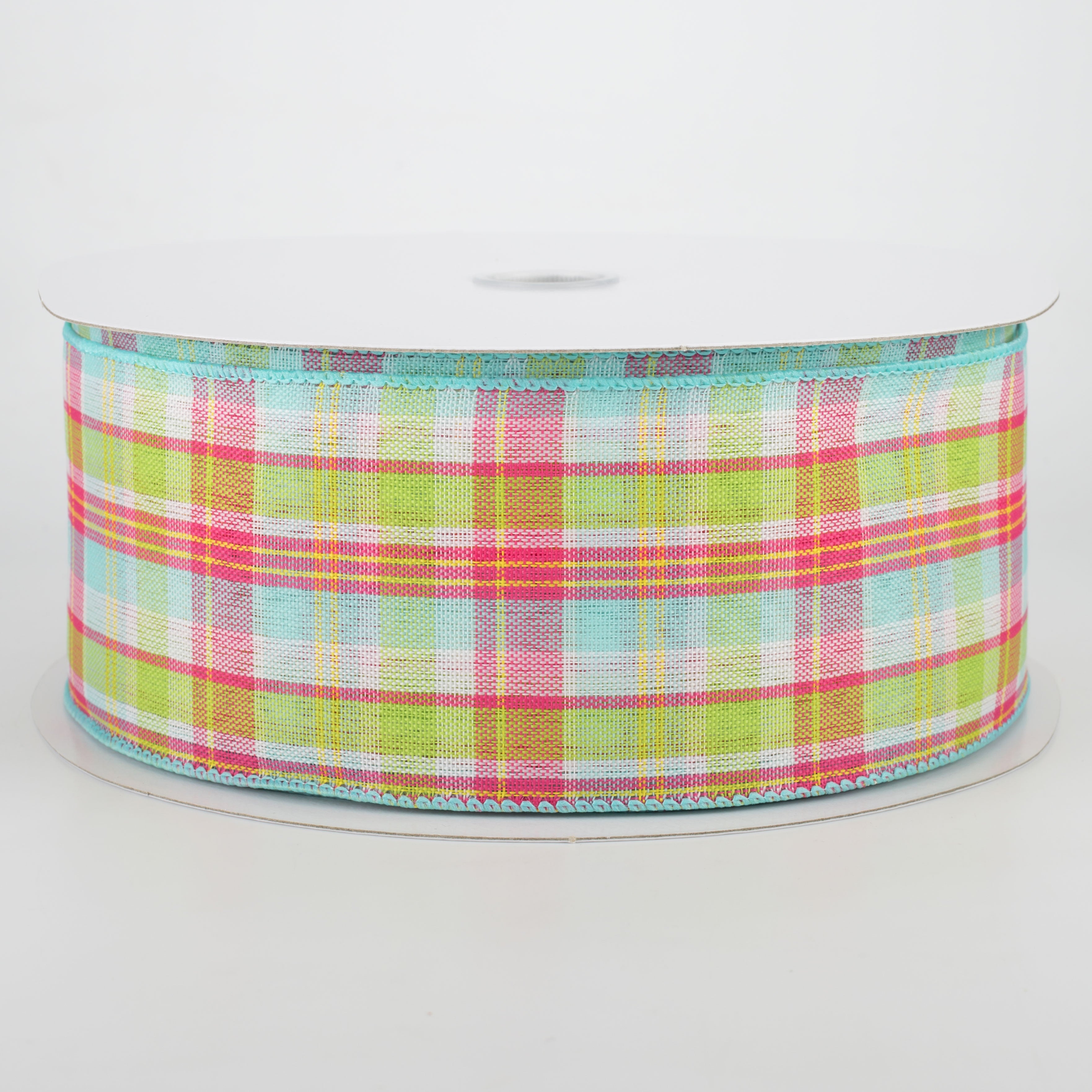 2.5" Bertie Plaid Ribbon: Aqua, Fuchsia, Yellow, White (50 Yards)