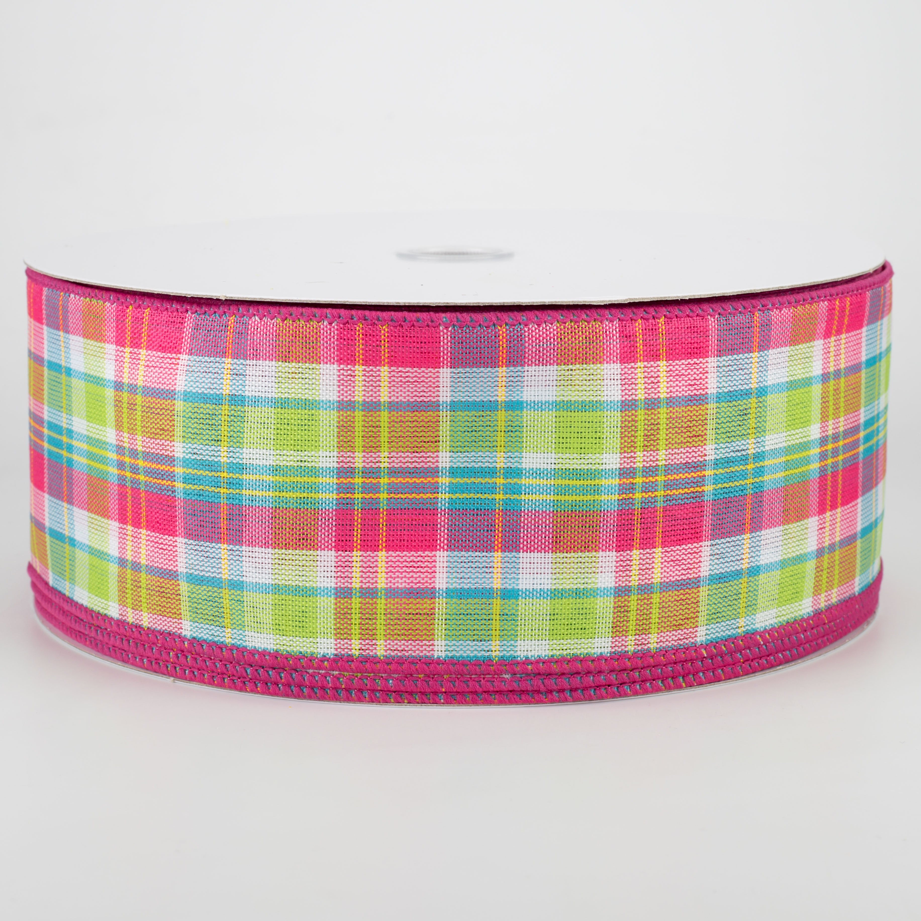 2.5" Bertie Plaid Ribbon: Fuchsia, Turquoise, Yellow, White (50 Yards) Item Number: 841-40-024