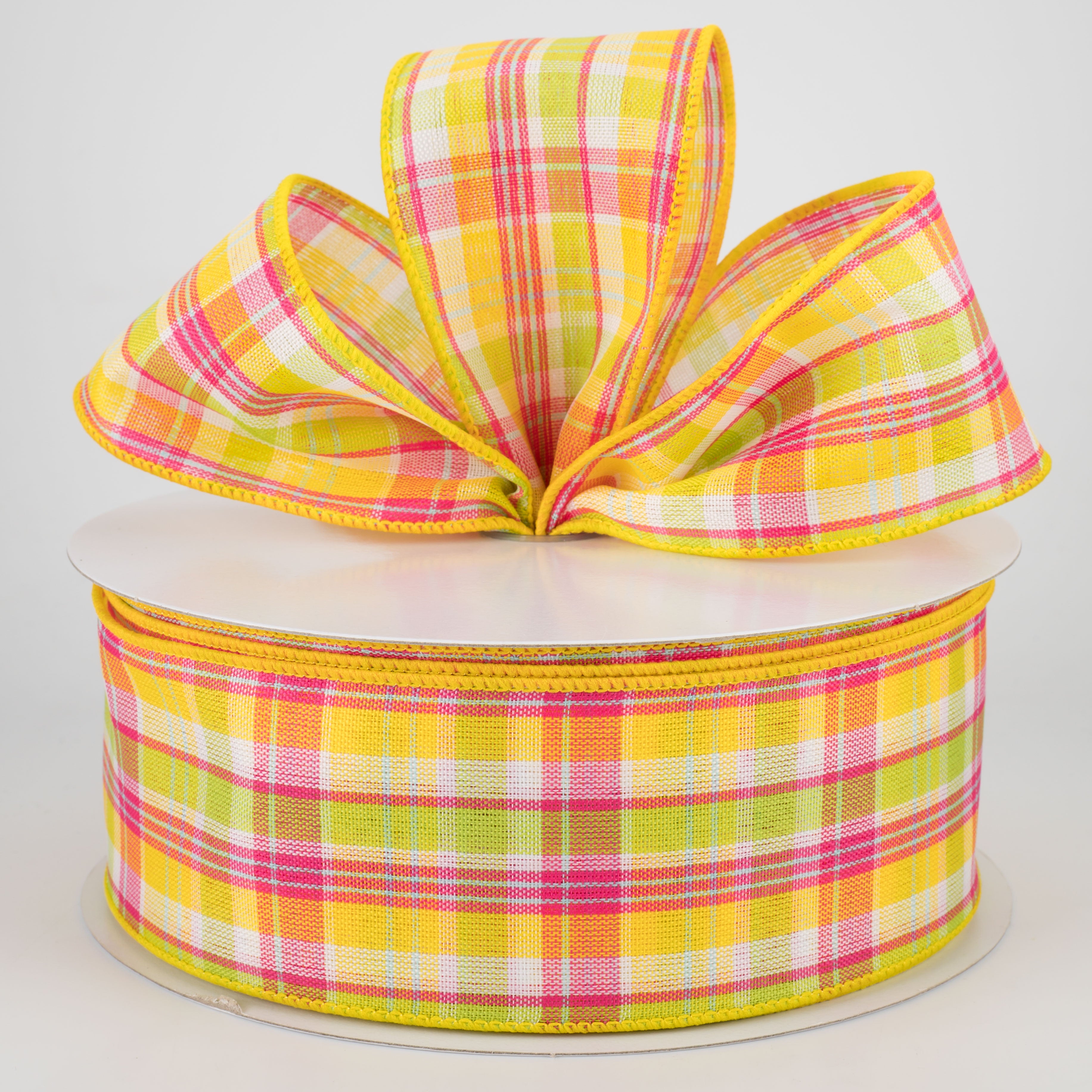 2.5" Bertie Plaid Ribbon: Yellow, Fuchsia, Lime, White (50 Yards) Lifestyle Photo